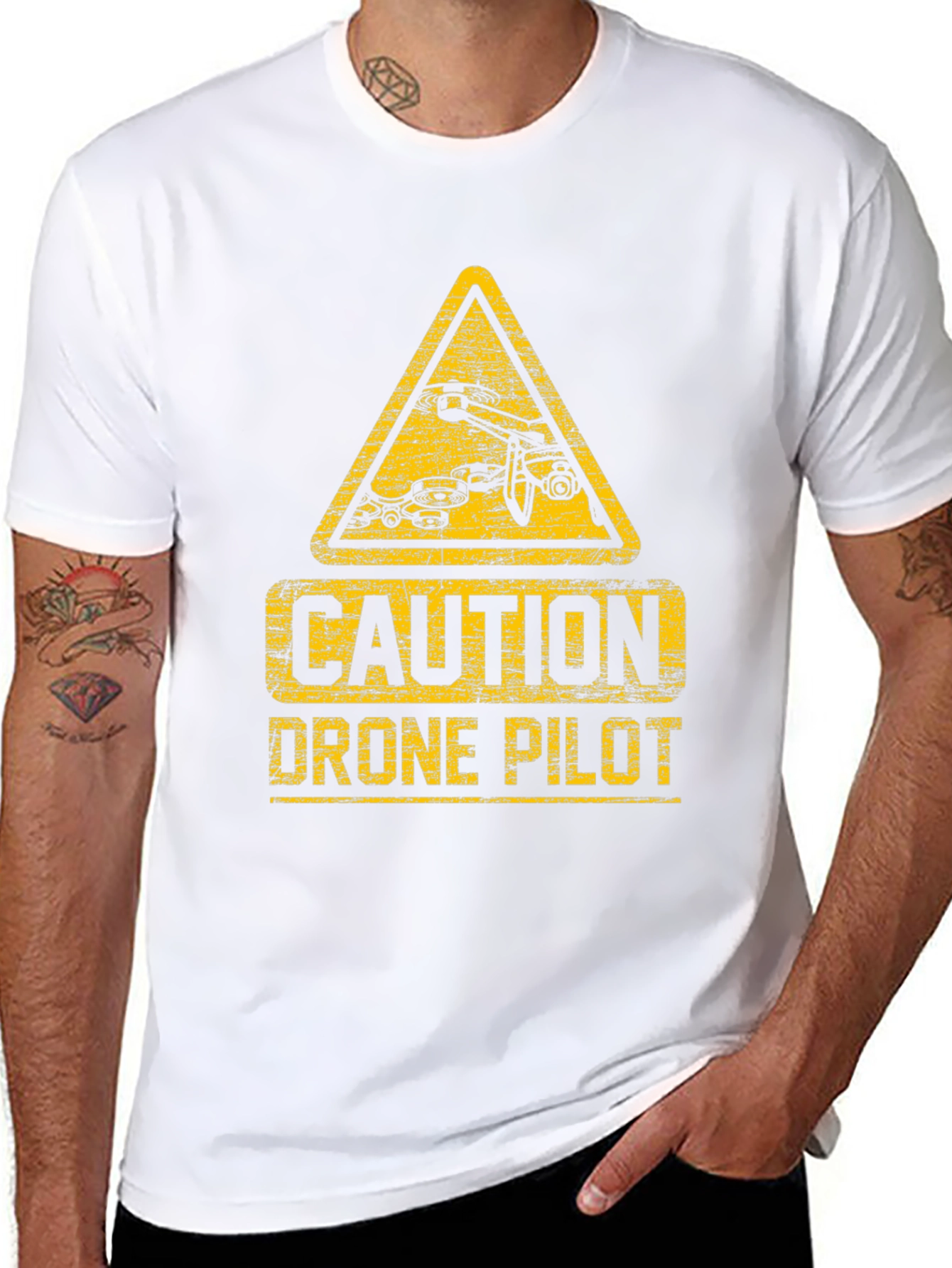 Caution Drone Pilot T-Shirt - Black Crew Neck