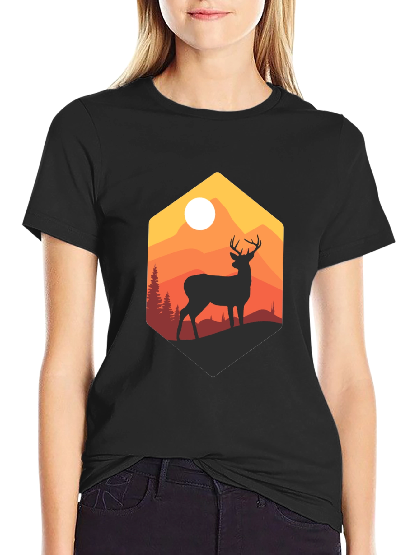 Mens Black Deer Mountain Graphic T-Shirt