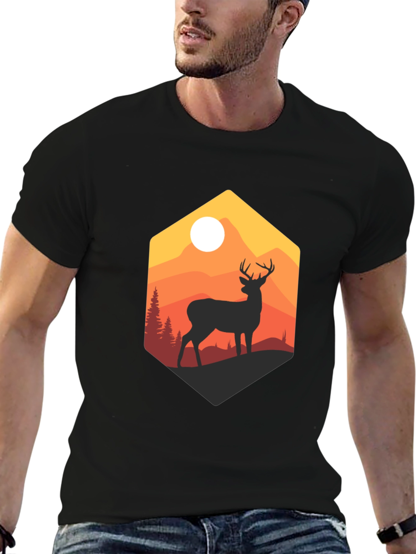 Mens Black Deer Mountain Graphic T-Shirt