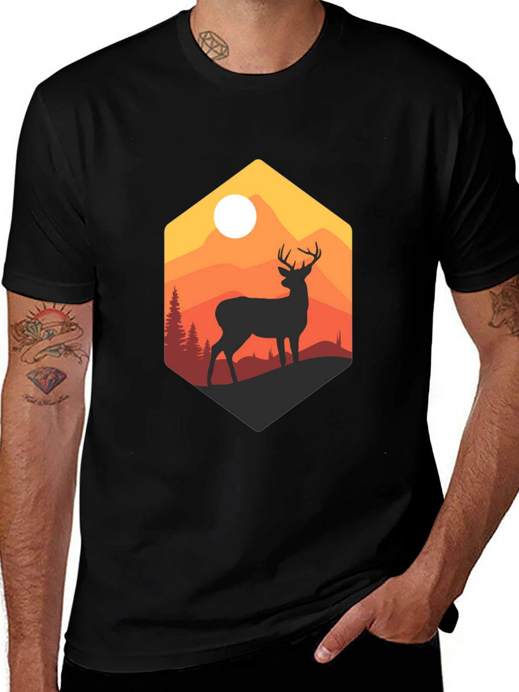 Mens Black Deer Mountain Graphic T-Shirt