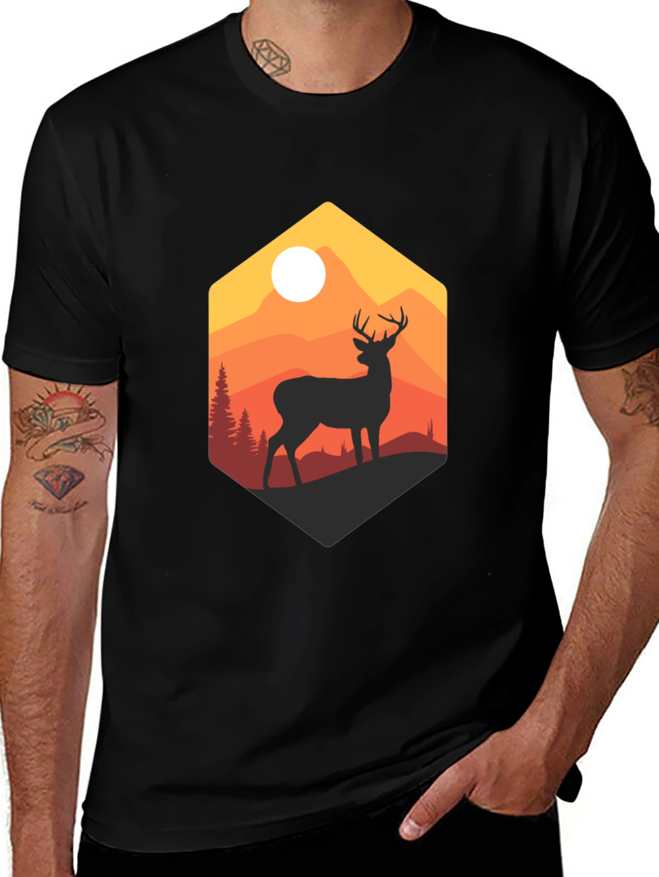 Mens Black Deer Mountain Graphic T-Shirt
