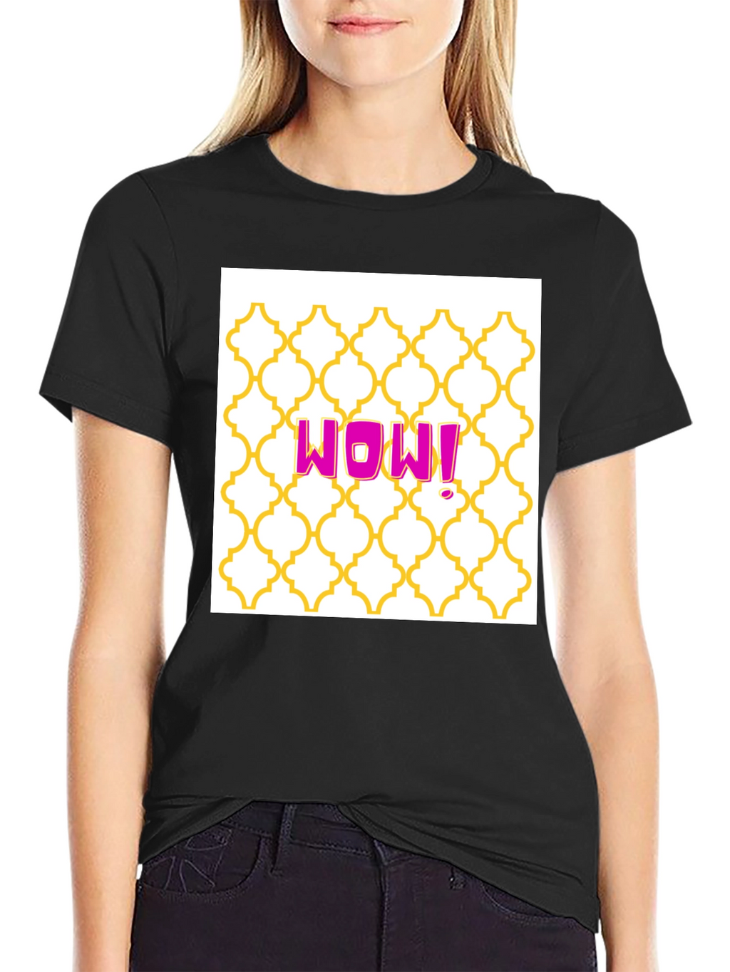 WOW! Graphic Tee - Trendy Pattern Black T-Shirt
