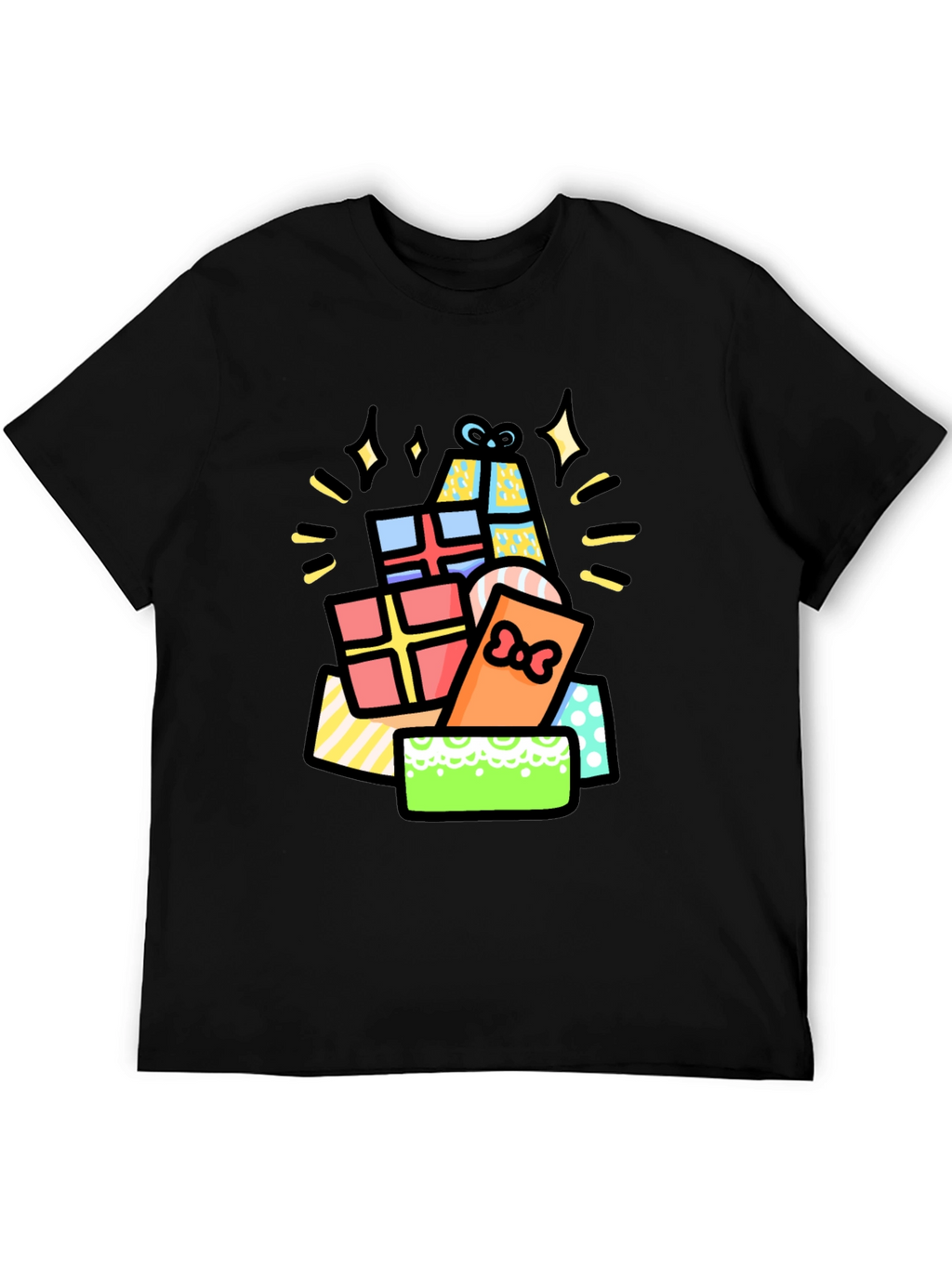 Festive Gift Pile Graphic Tee - Black Cotton T-Shirt