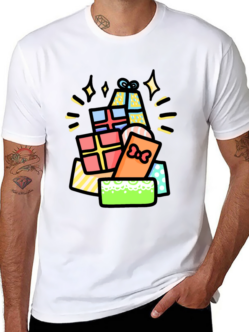 Festive Gift Pile Graphic Tee - Black Cotton T-Shirt