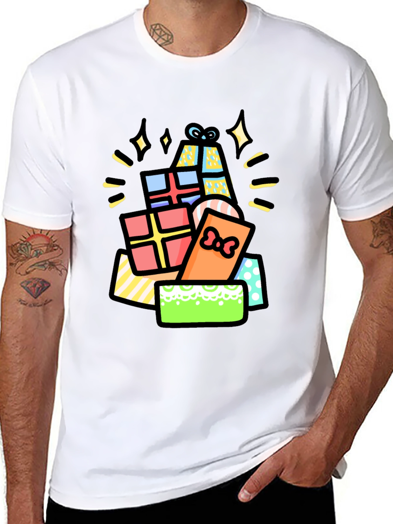 Festive Gift Pile Graphic Tee - Black Cotton T-Shirt