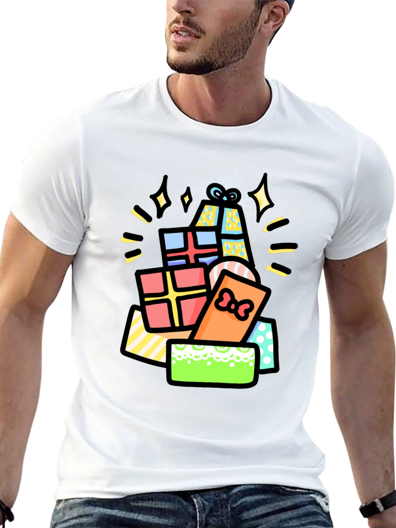 Festive Gift Pile Graphic Tee - Black Cotton T-Shirt