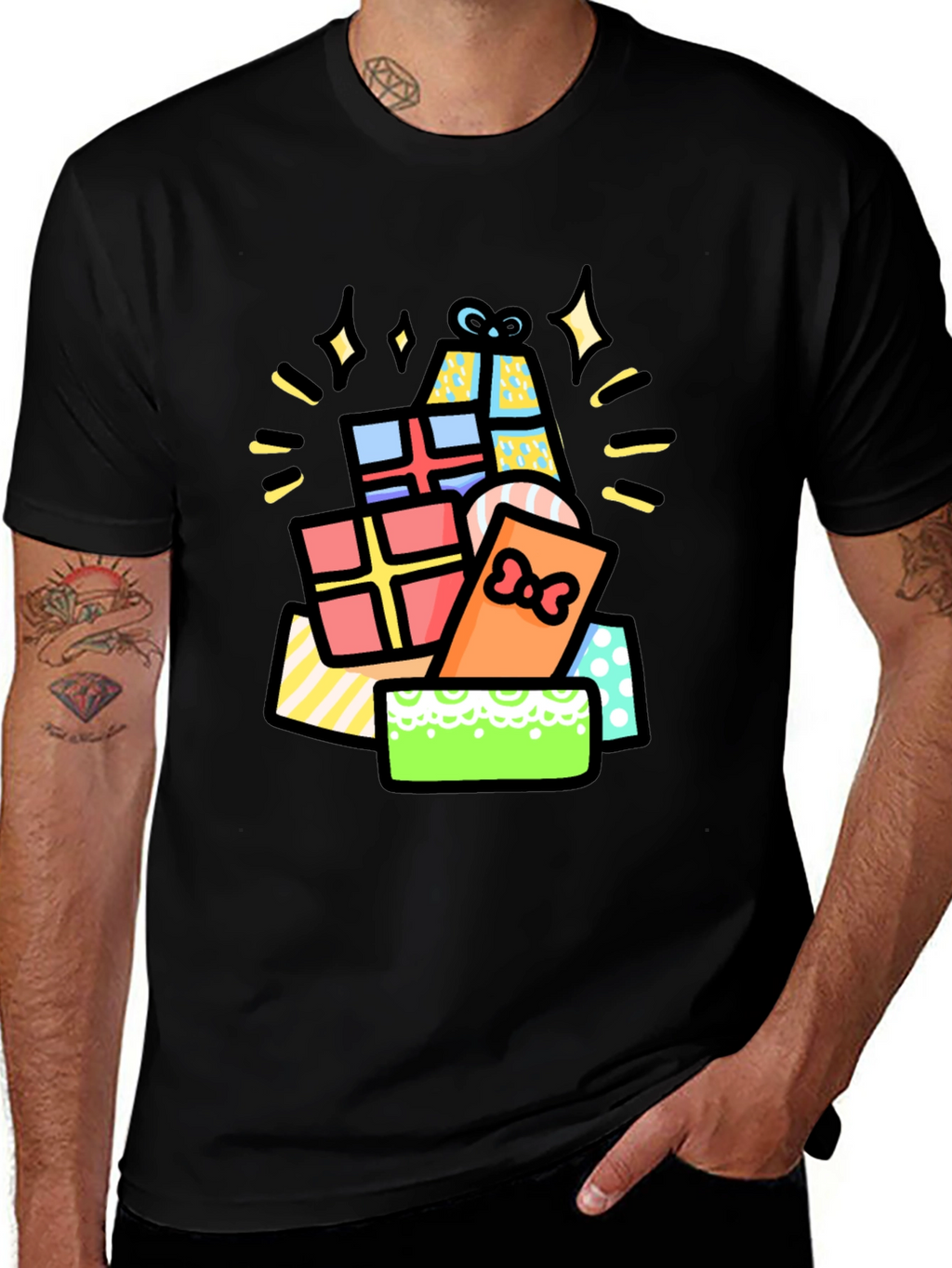 Festive Gift Pile Graphic Tee - Black Cotton T-Shirt