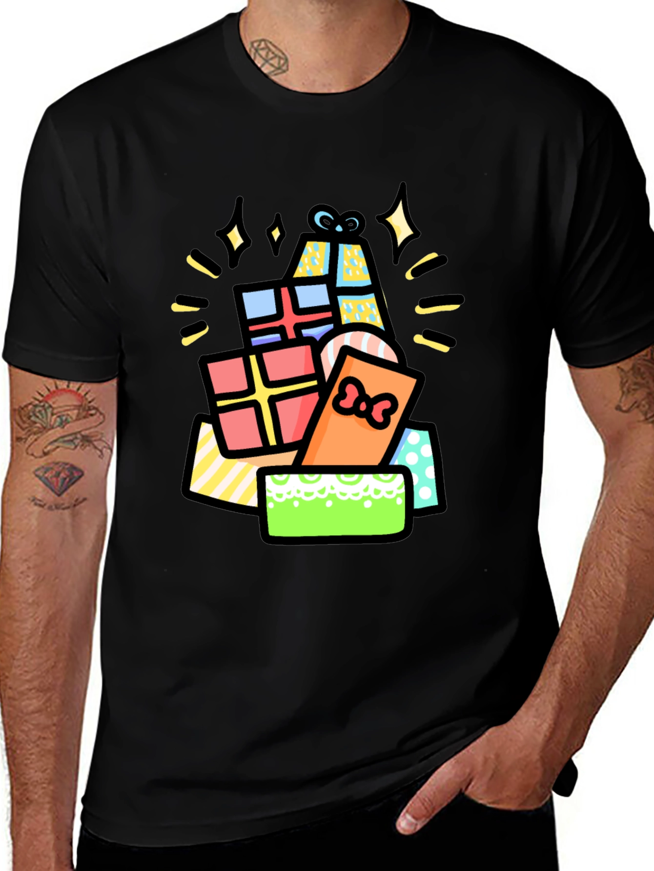 Festive Gift Pile Graphic Tee - Black Cotton T-Shirt