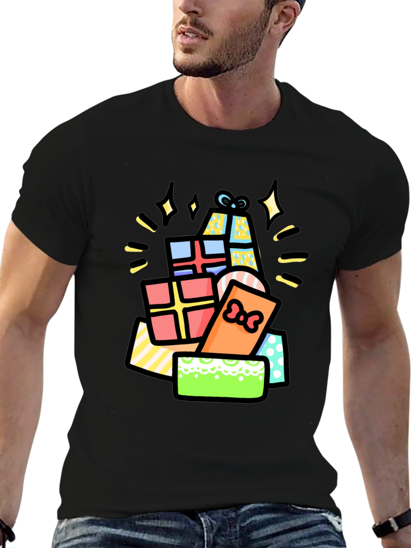 Festive Gift Pile Graphic Tee - Black Cotton T-Shirt