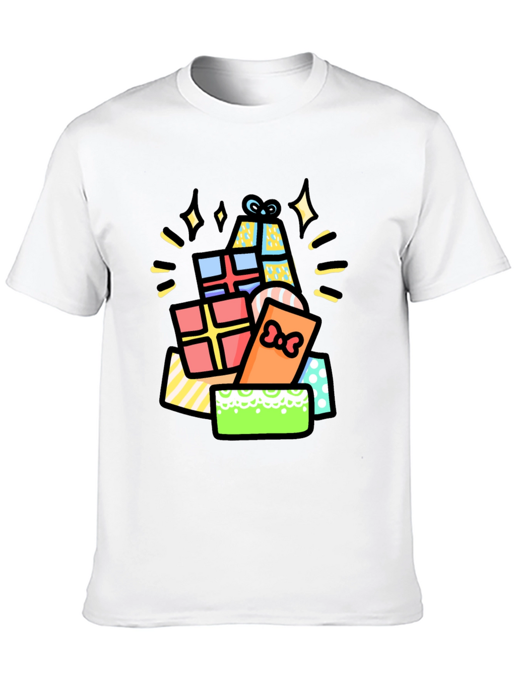 Festive Gift Pile Graphic Tee - Black Cotton T-Shirt