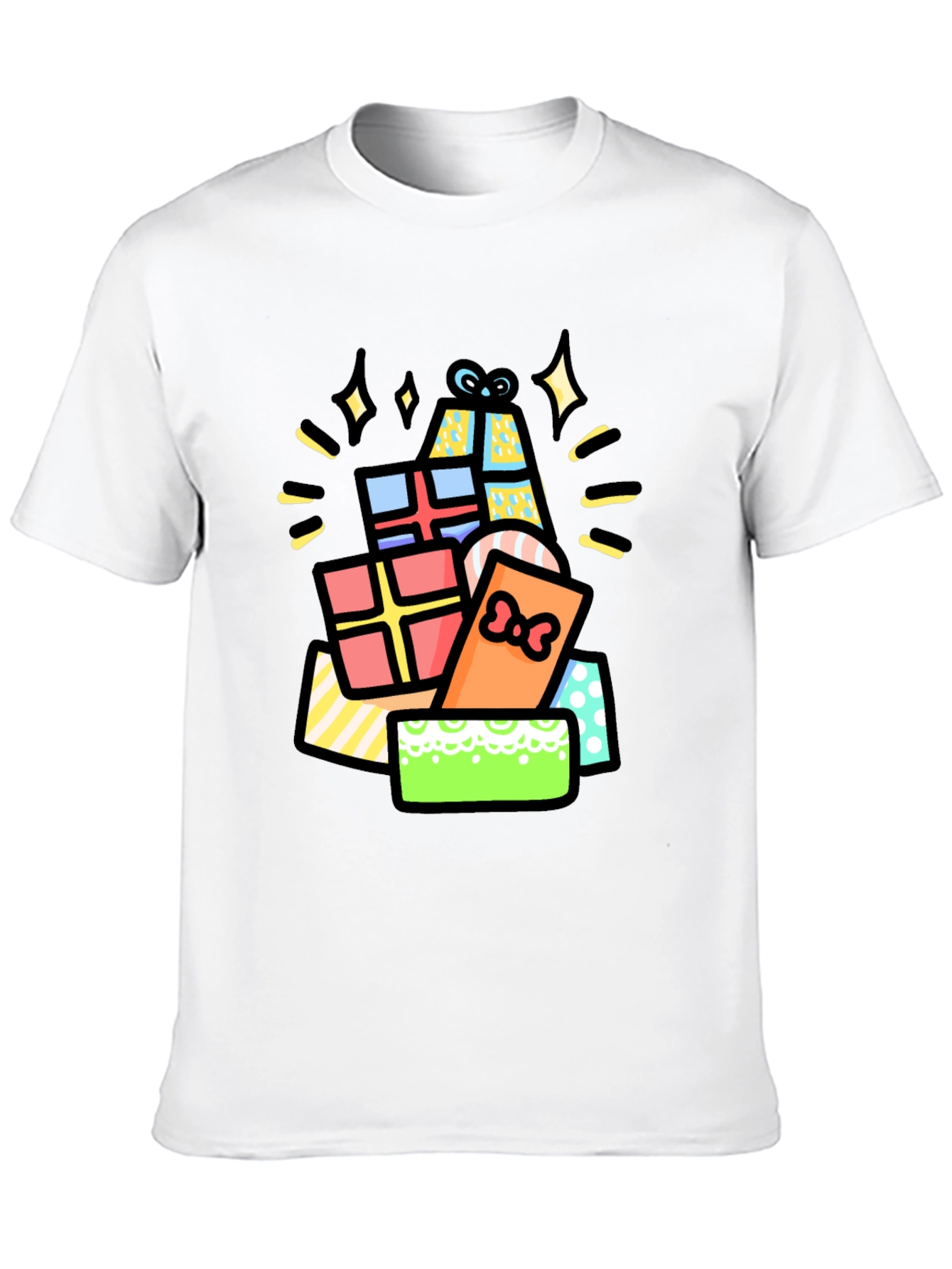 Festive Gift Pile Graphic Tee - Black Cotton T-Shirt