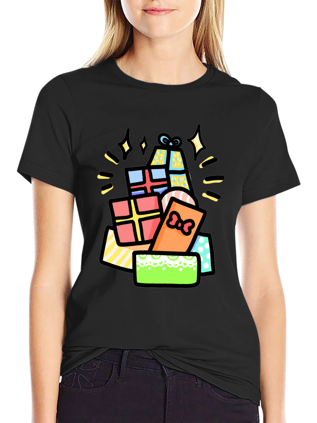 Festive Gift Pile Graphic Tee - Black Cotton T-Shirt