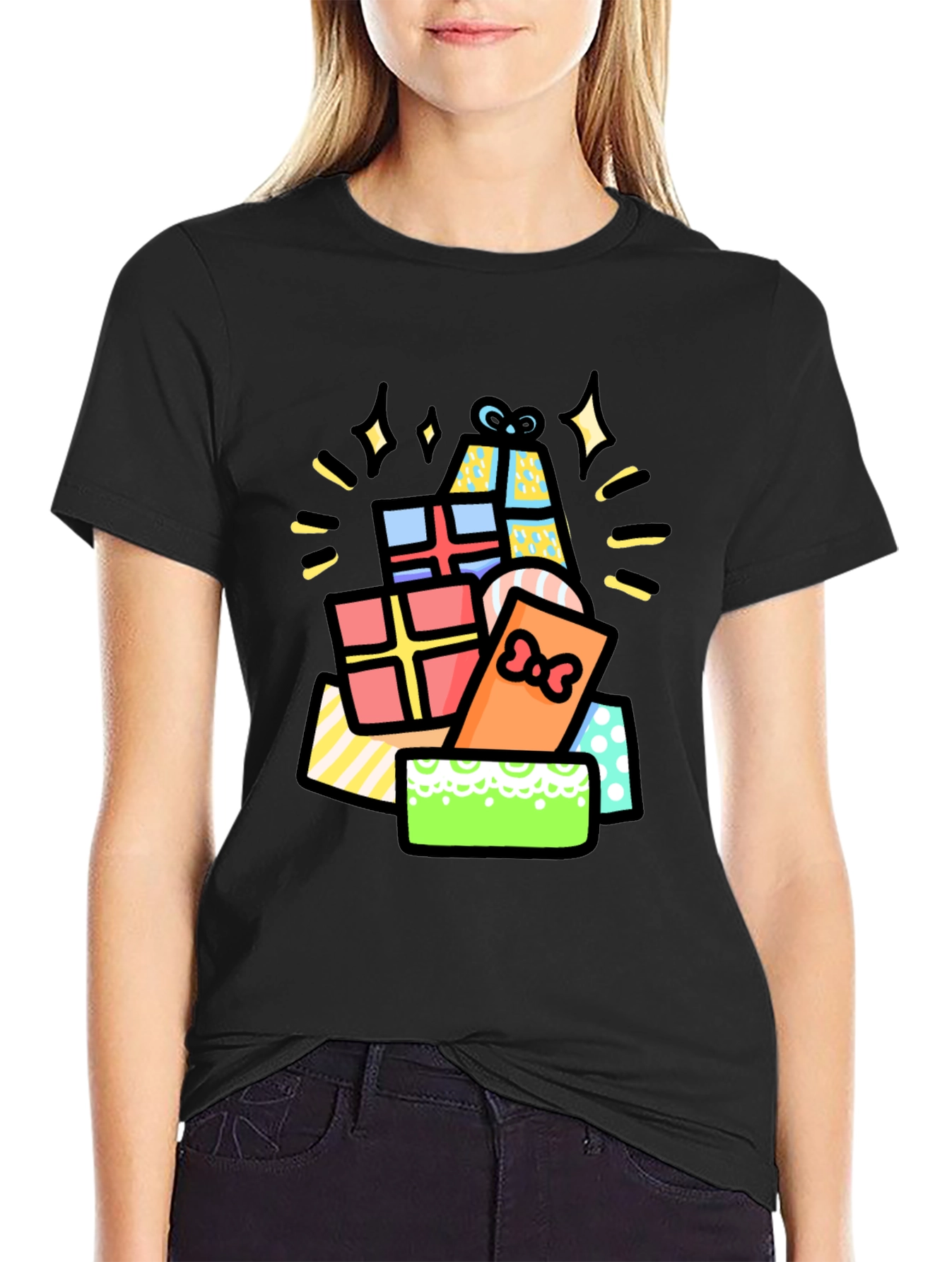 Festive Gift Pile Graphic Tee - Black Cotton T-Shirt
