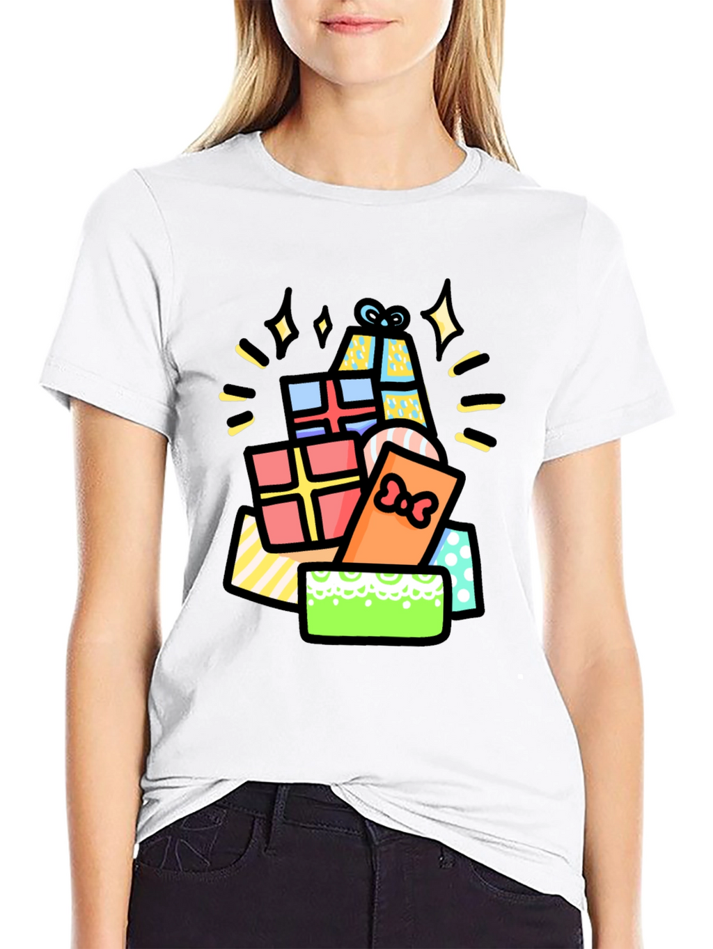 Festive Gift Pile Graphic Tee - Black Cotton T-Shirt