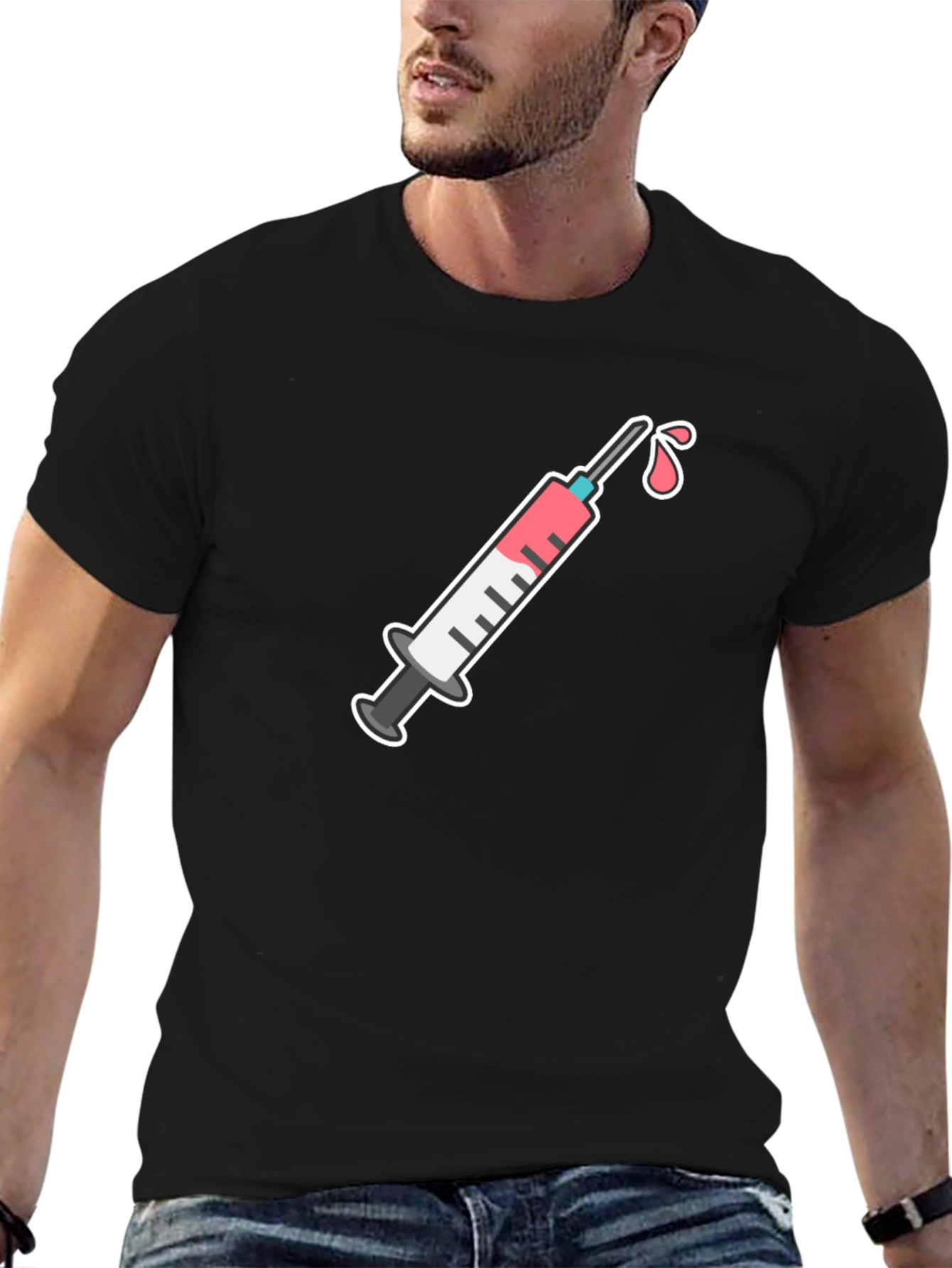 Black T-Shirt with Syringe Graphic