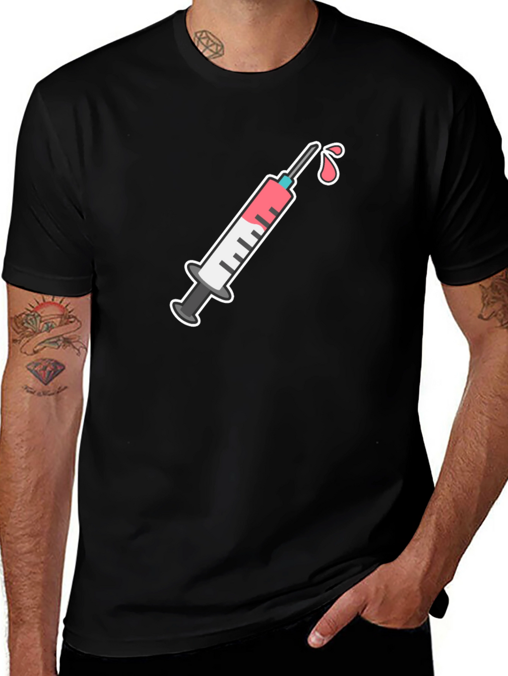 Black T-Shirt with Syringe Graphic