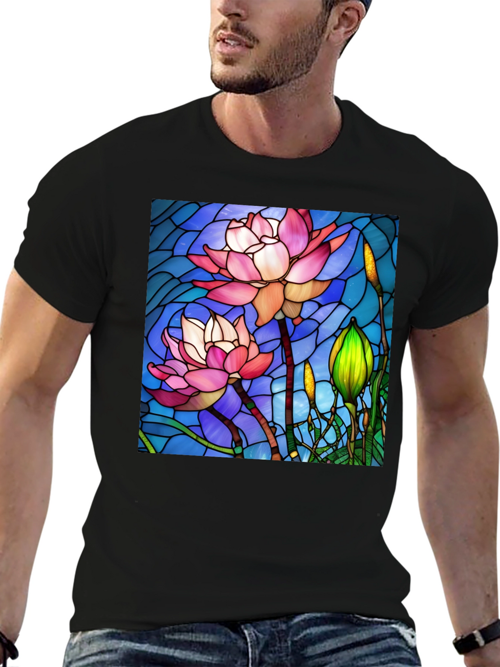 Lotus Flower Stained Glass Style Black T-Shirt