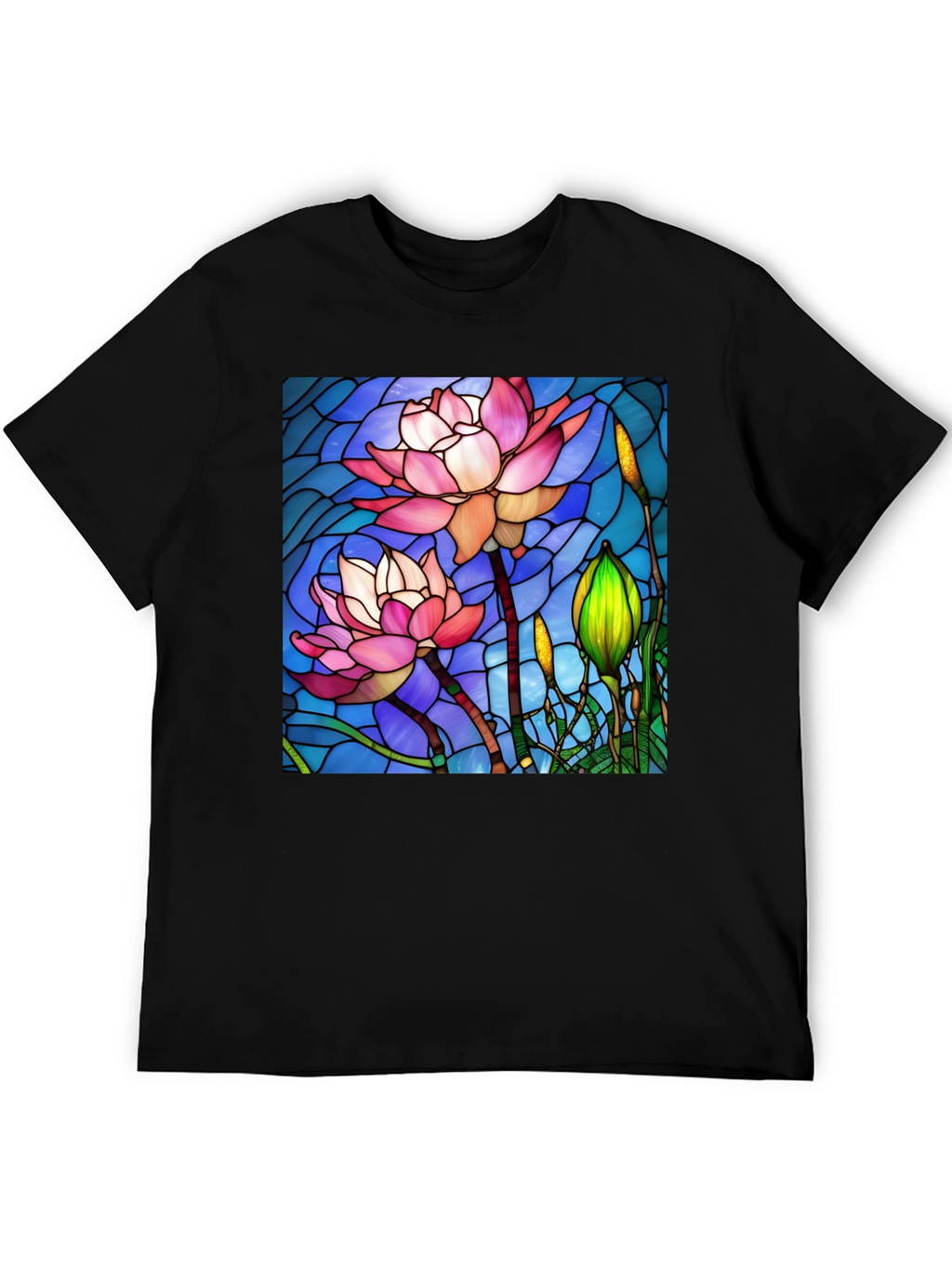 Lotus Flower Stained Glass Style Black T-Shirt