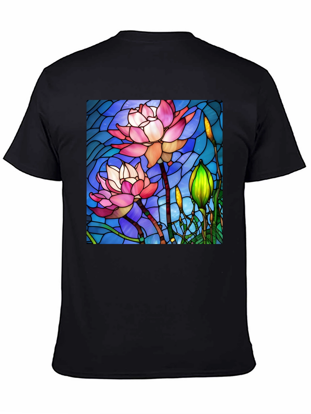 Lotus Flower Stained Glass Style Black T-Shirt