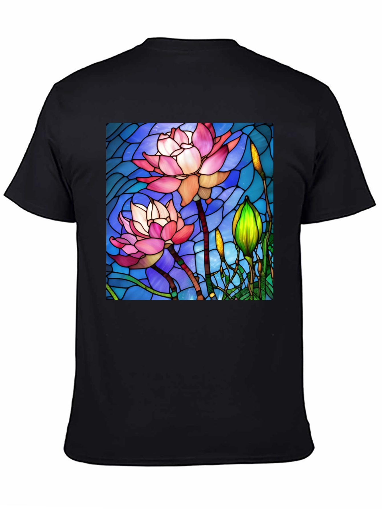 Lotus Flower Stained Glass Style Black T-Shirt