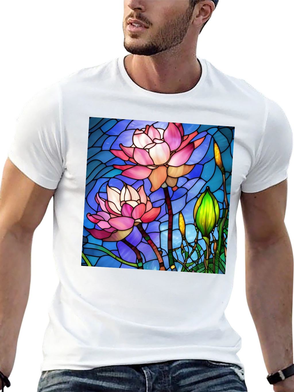 Lotus Flower Stained Glass Style Black T-Shirt