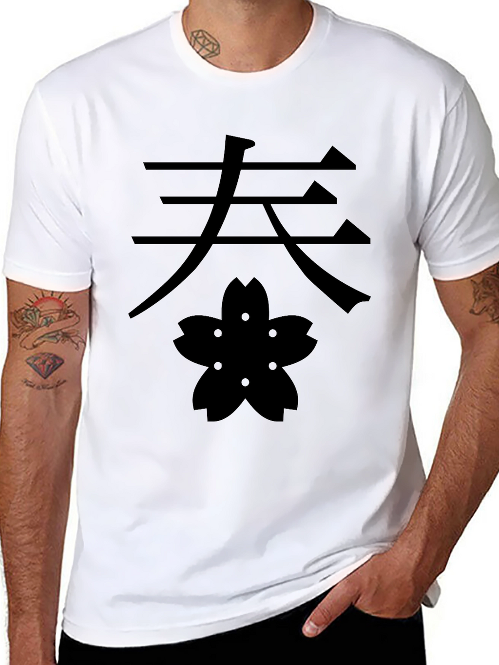 Kanji & Blossom Graphic Tee - Black Cotton T-Shirt