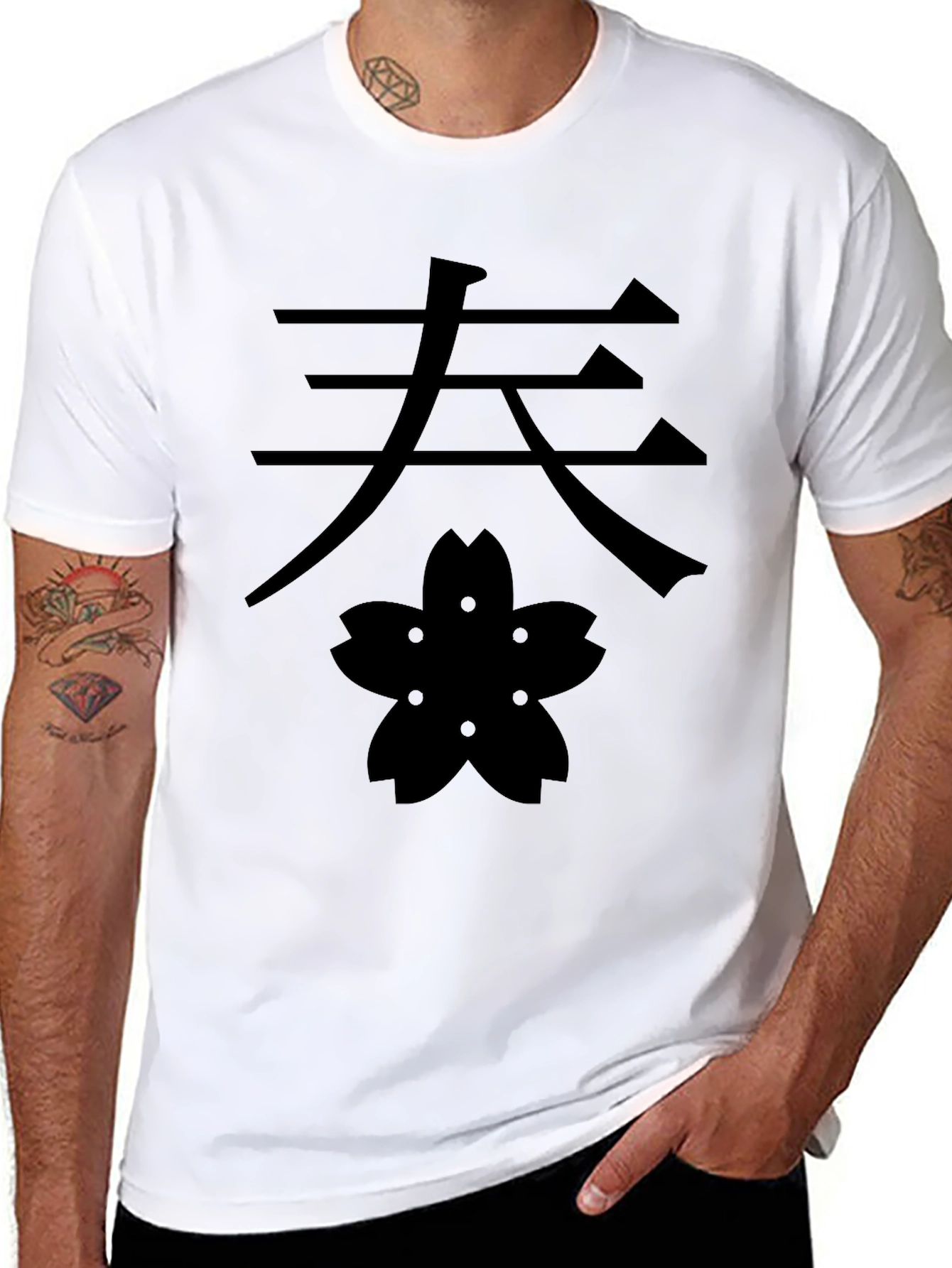Kanji & Blossom Graphic Tee - Black Cotton T-Shirt