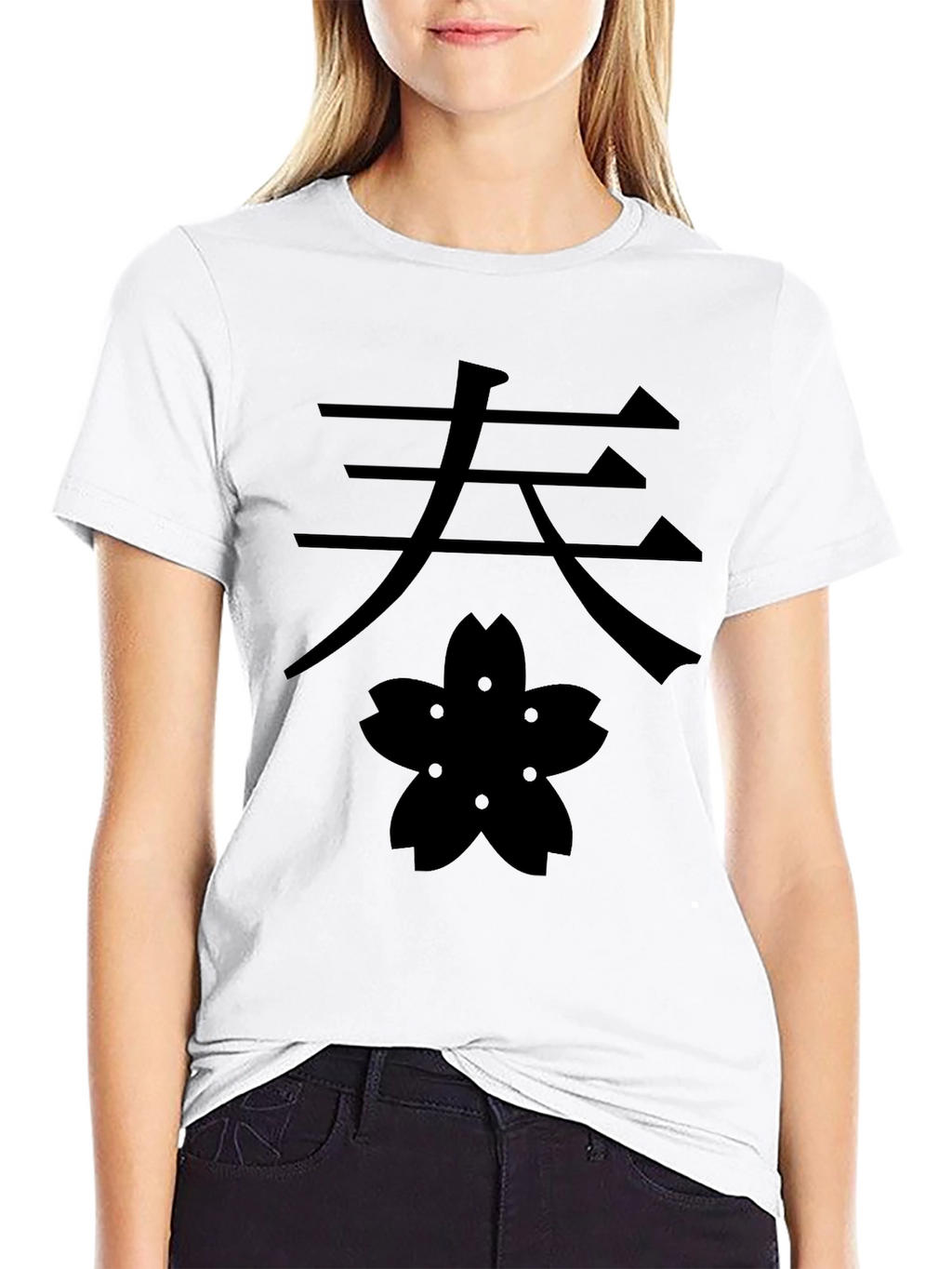 Kanji & Blossom Graphic Tee - Black Cotton T-Shirt