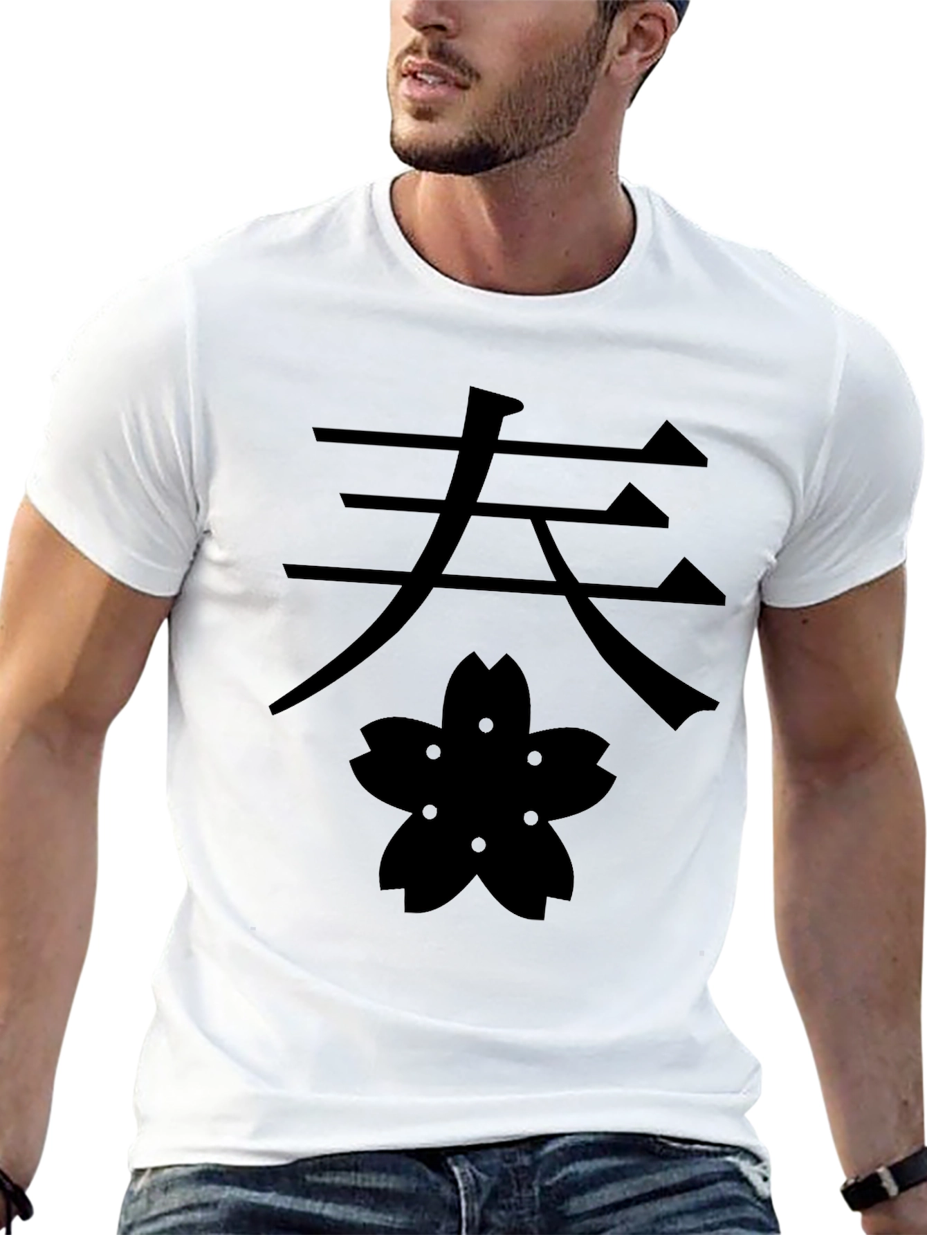 Kanji & Blossom Graphic Tee - Black Cotton T-Shirt