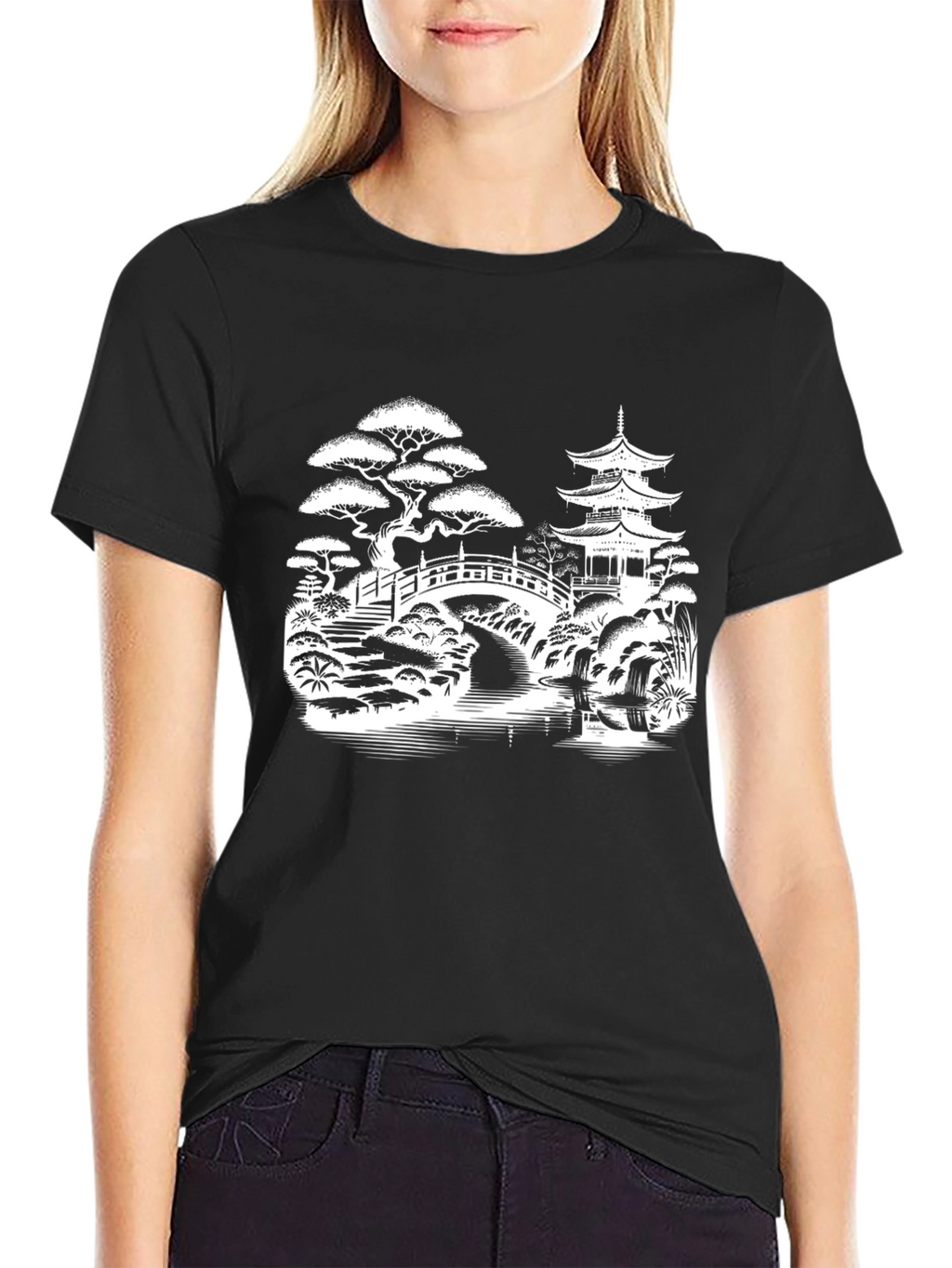 Japanese Garden Graphic Tee - Black Cotton T-Shirt