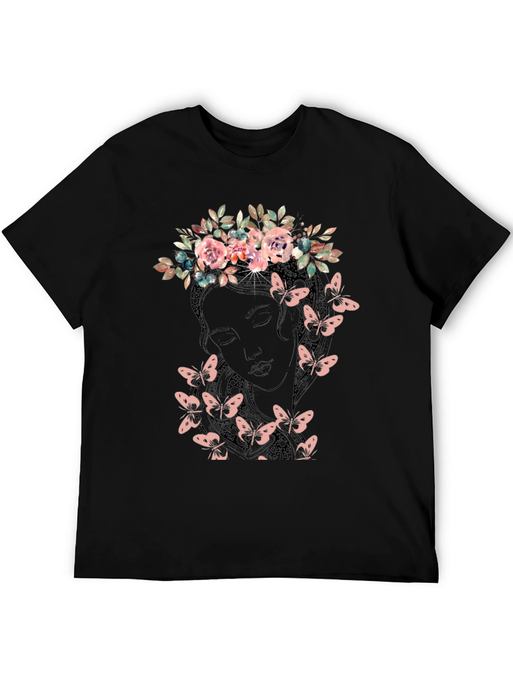 Floral Crown Butterfly Graphic Tee - Black