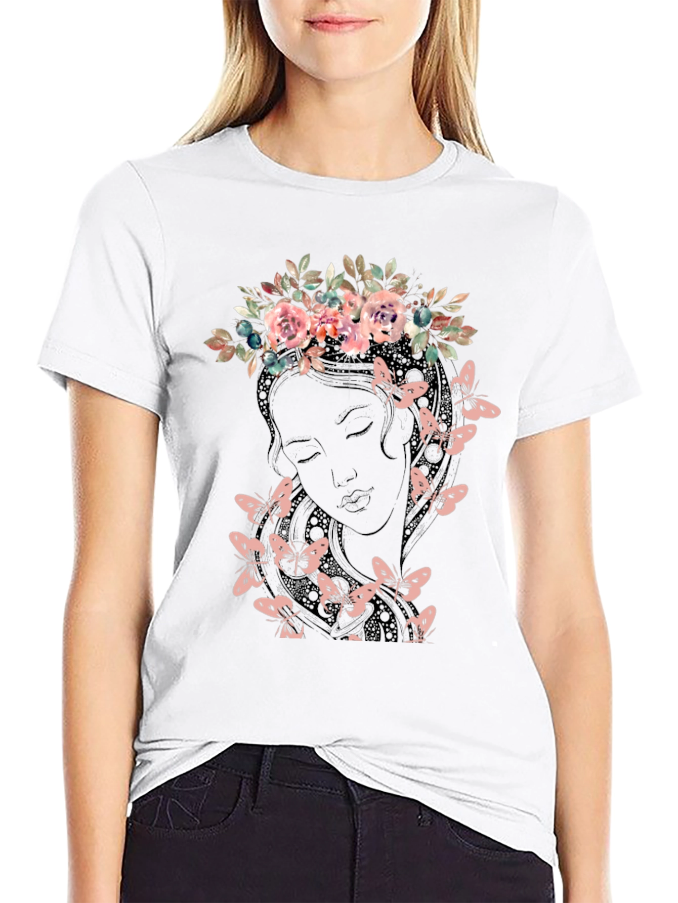Floral Crown Butterfly Graphic Tee - Black