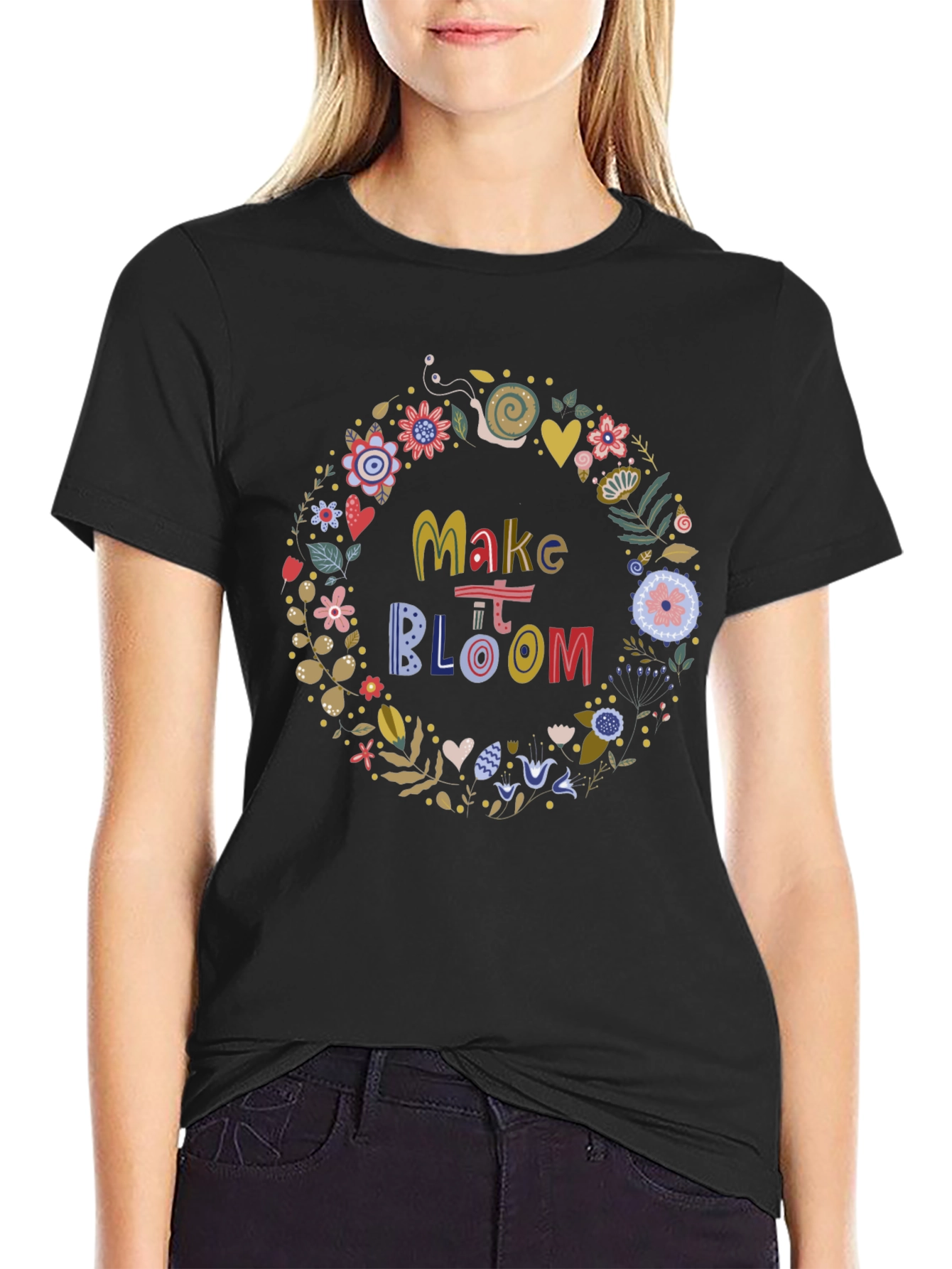 Make It Bloom Floral Wreath Black T-Shirt
