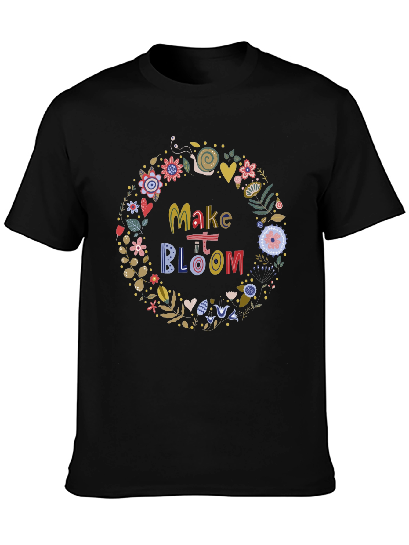 Make It Bloom Floral Wreath Black T-Shirt