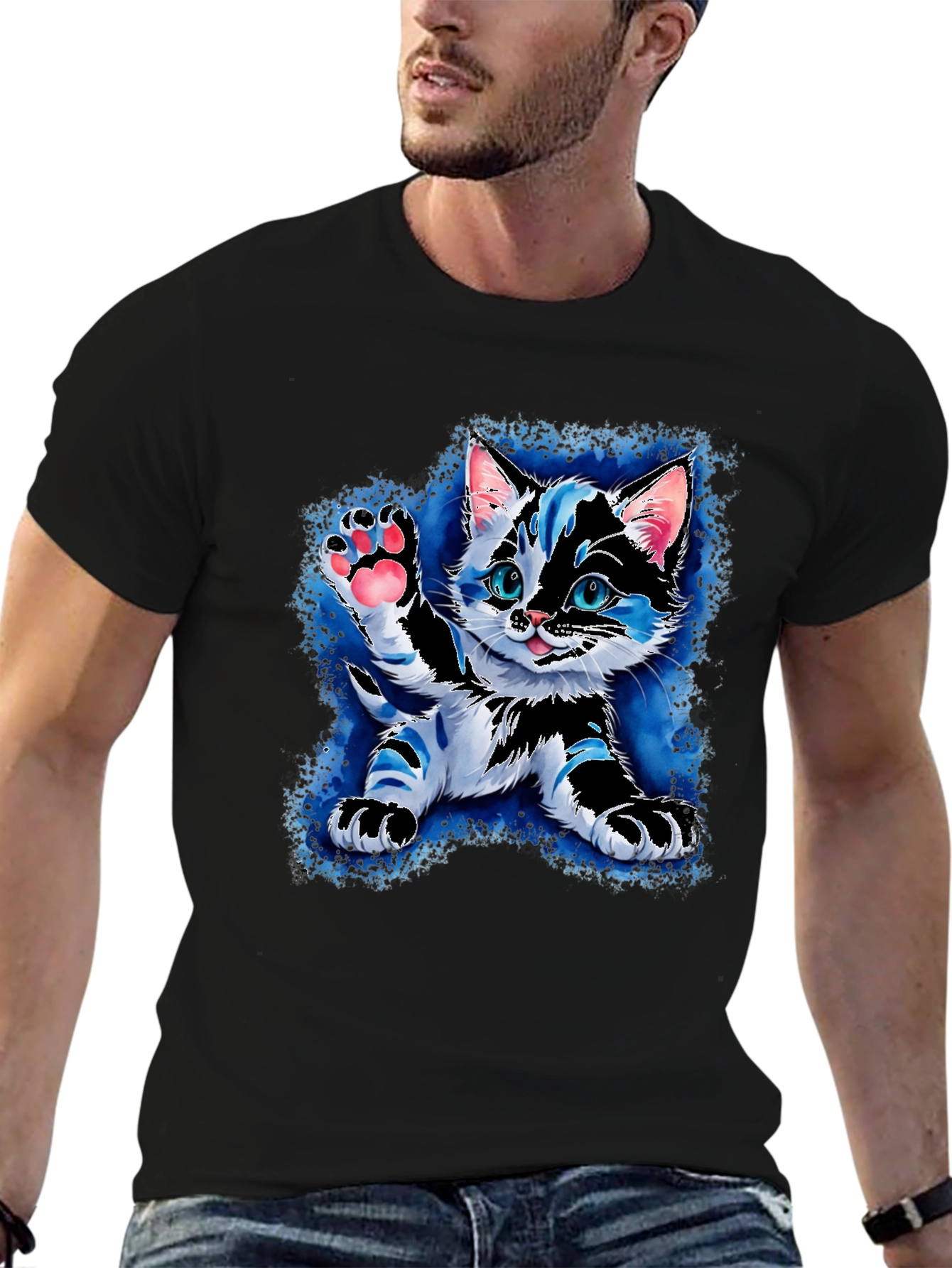 Cute Kitten Graphic Tee - Black Short Sleeve Shirt