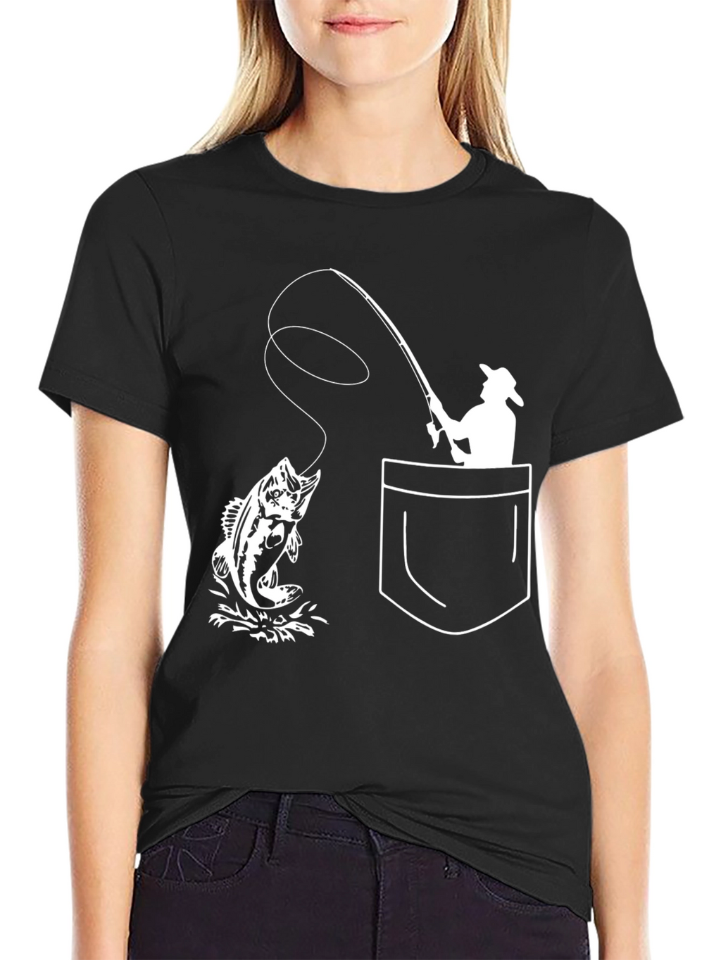 Fishing Pocket Graphic Tee - Black Cotton T-Shirt