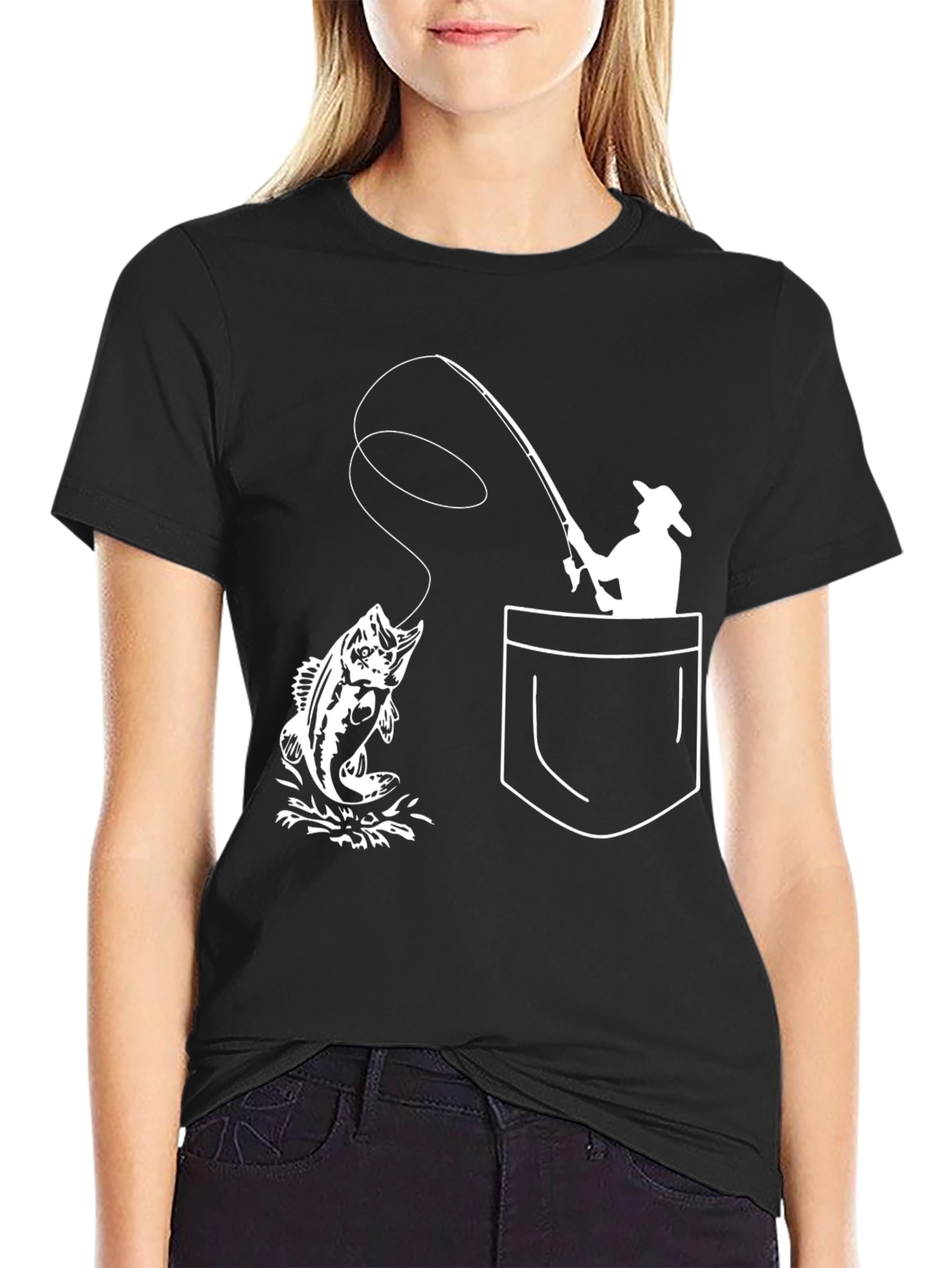Fishing Pocket Graphic Tee - Black Cotton T-Shirt