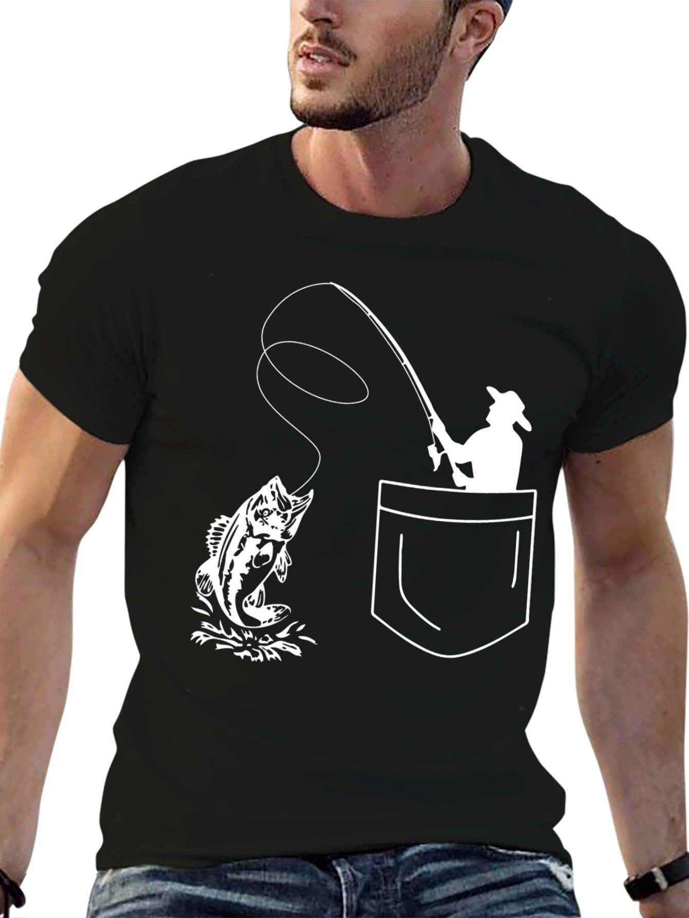 Fishing Pocket Graphic Tee - Black Cotton T-Shirt