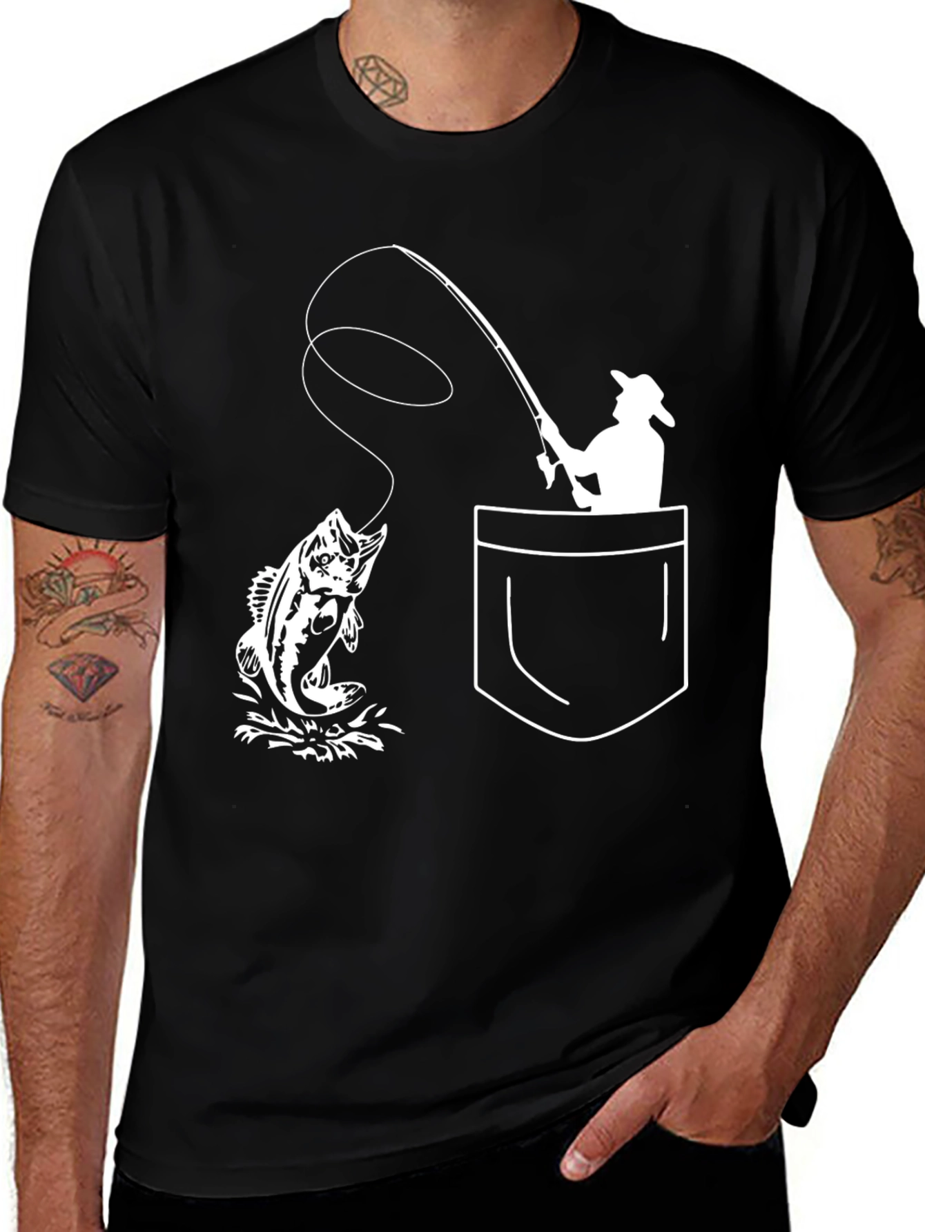 Fishing Pocket Graphic Tee - Black Cotton T-Shirt
