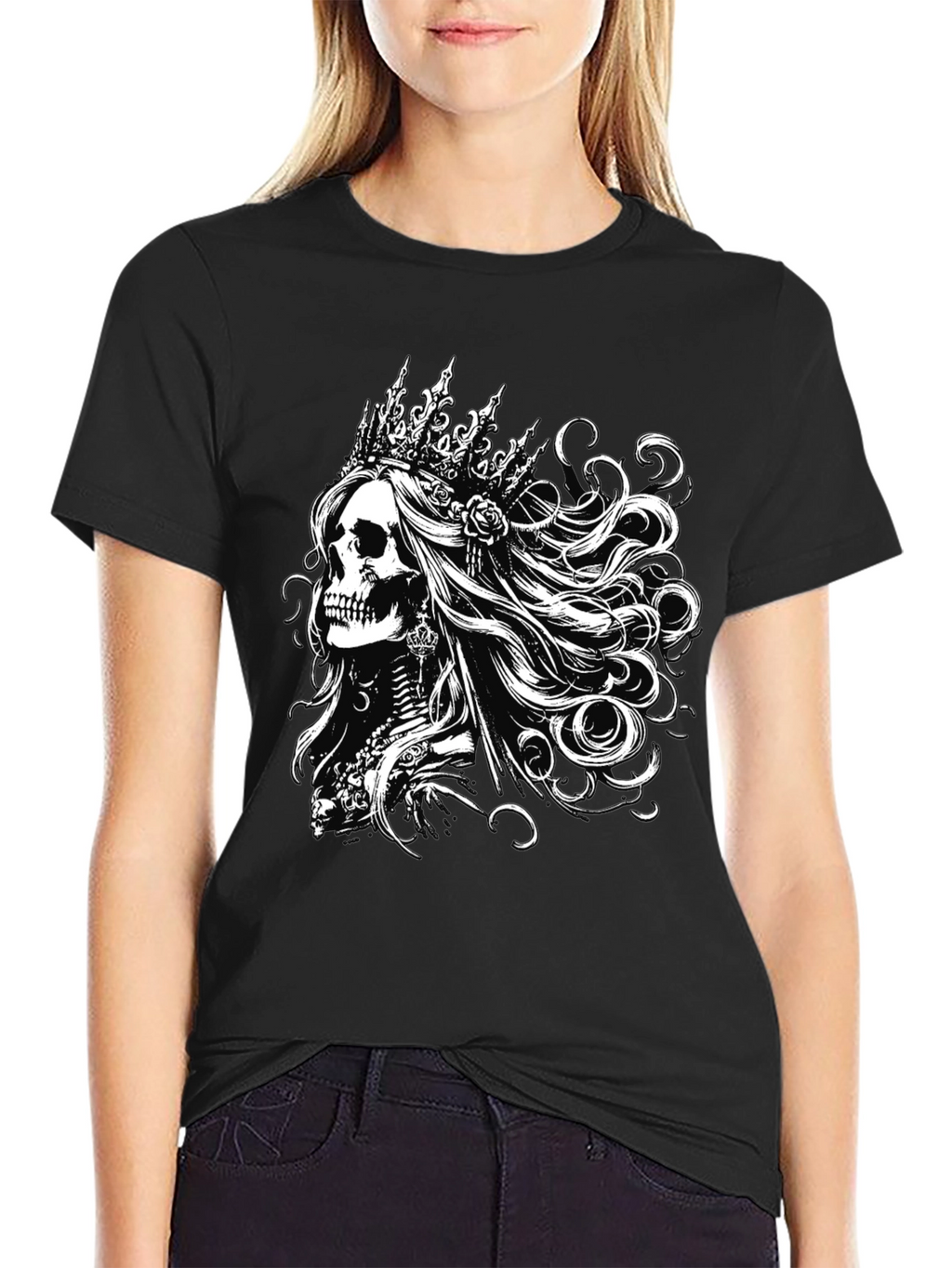 Black T-Shirt with Skull Queen Graphic