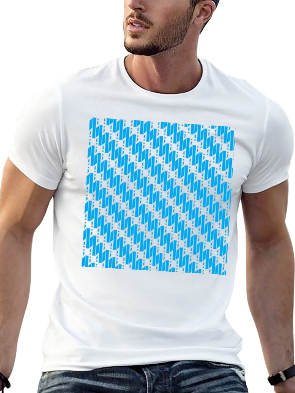 Blue Patterned Black T-Shirt