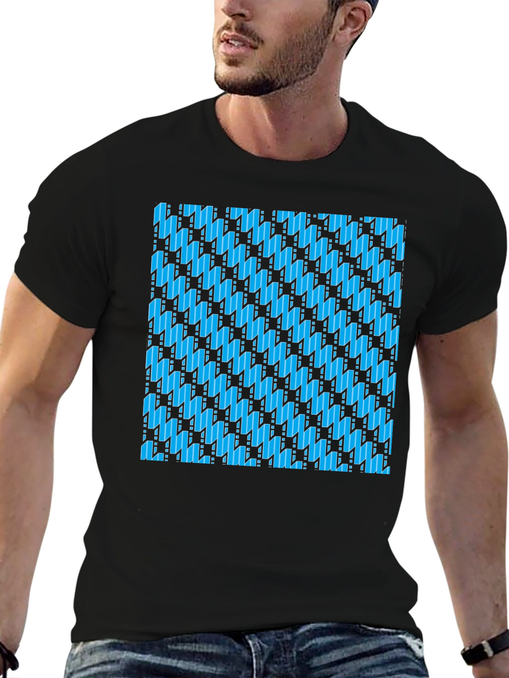 Blue Patterned Black T-Shirt