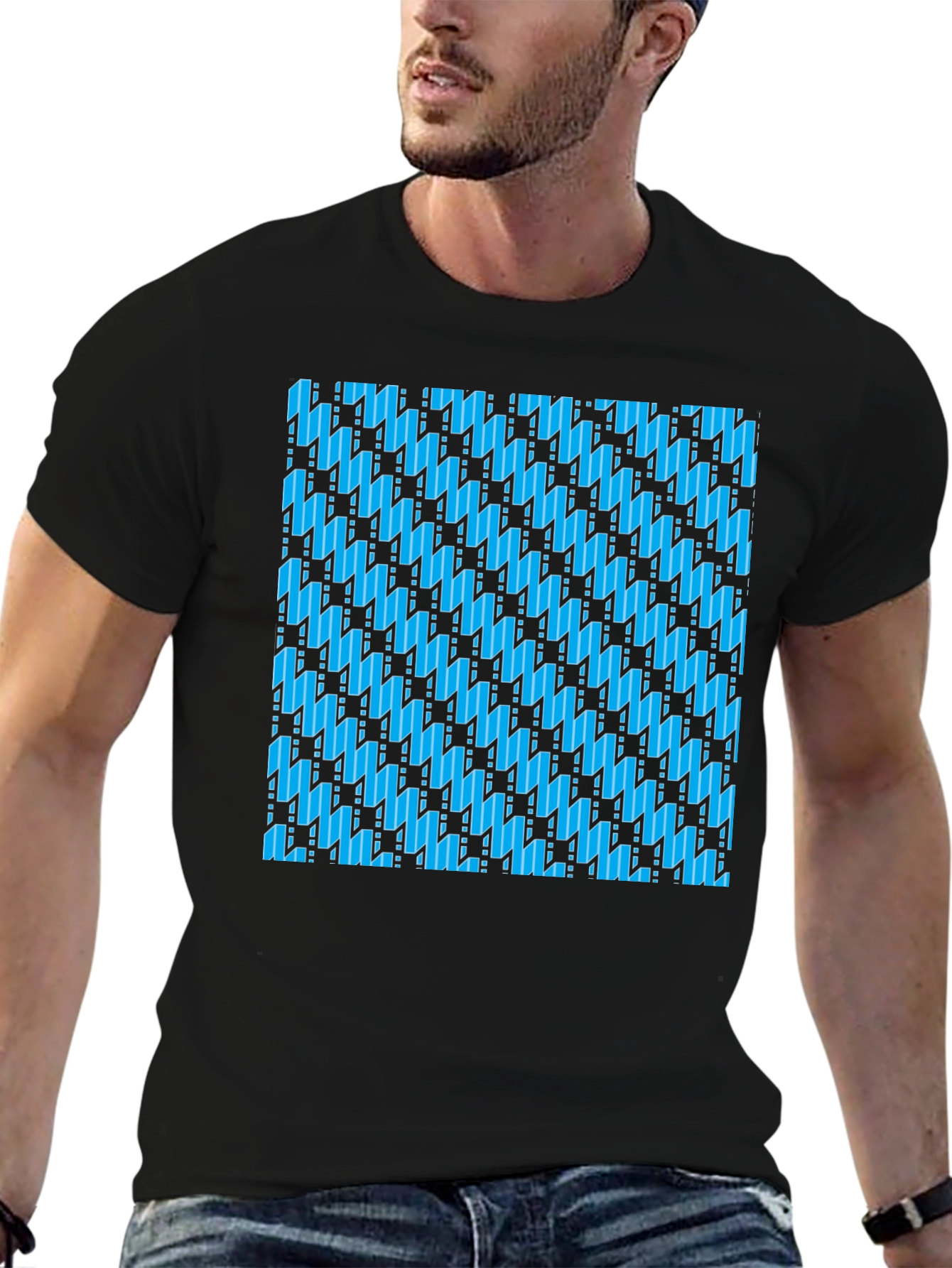 Blue Patterned Black T-Shirt