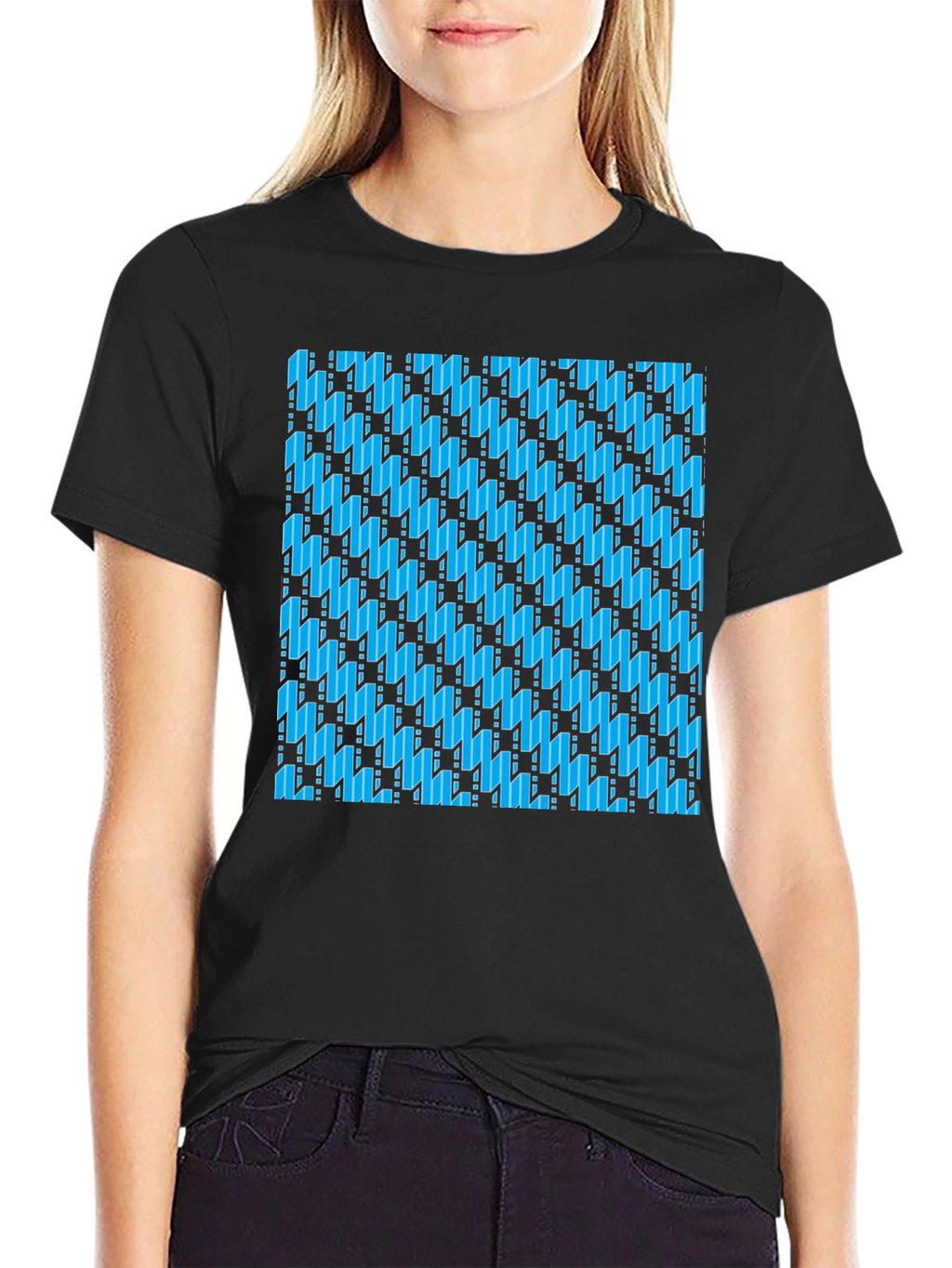 Blue Patterned Black T-Shirt
