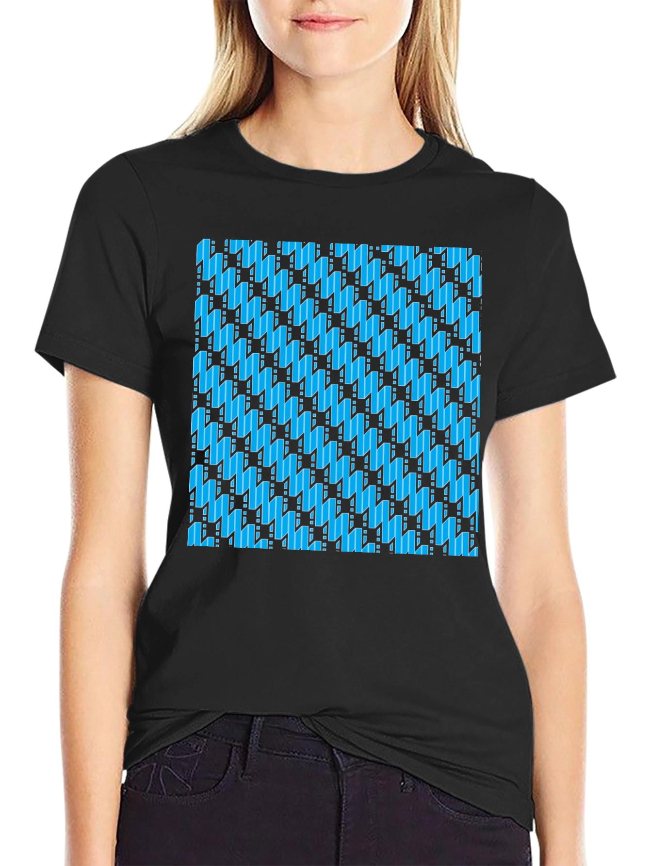 Blue Patterned Black T-Shirt