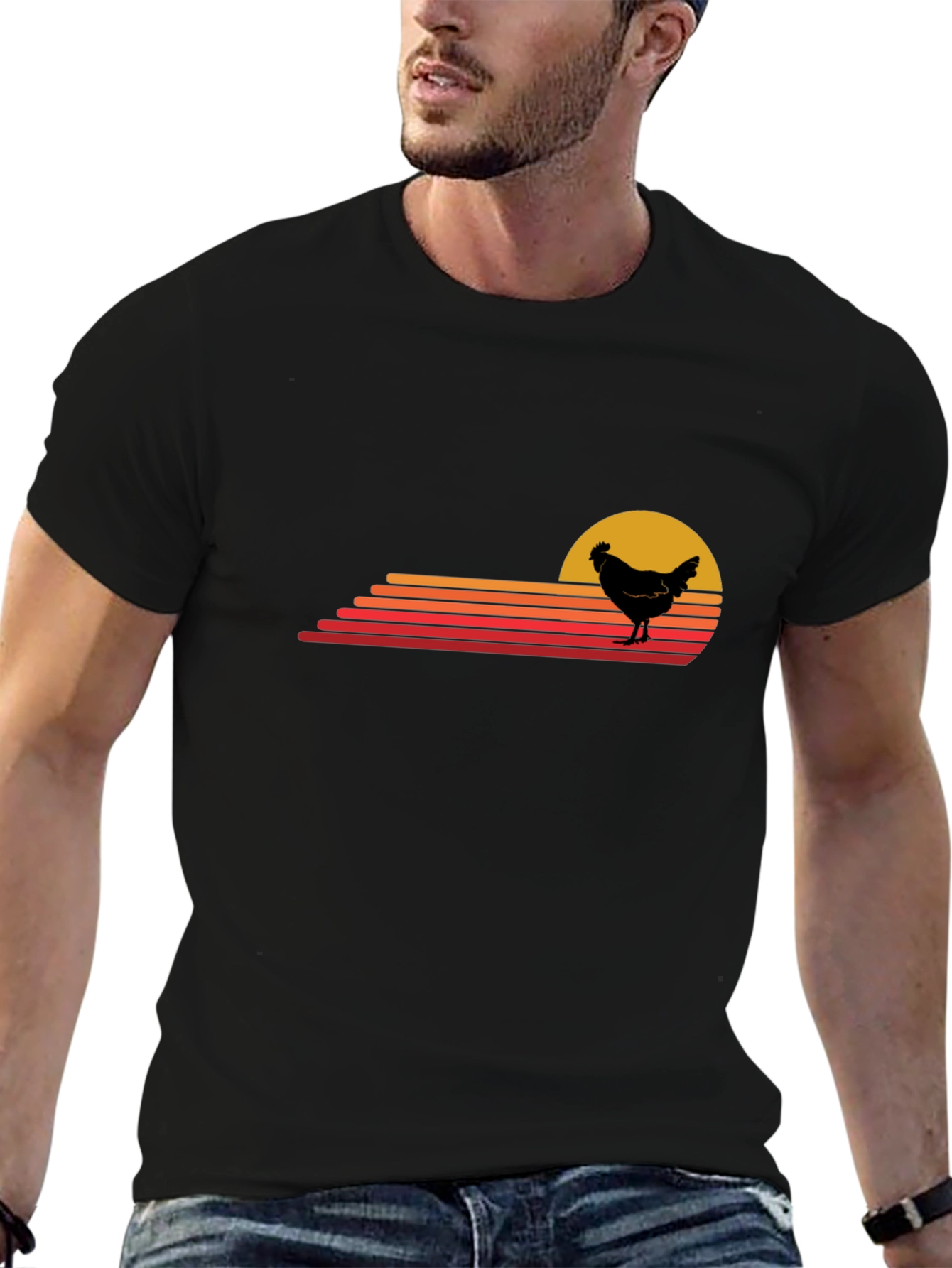 Retro Chicken Sunset T-Shirt - Black