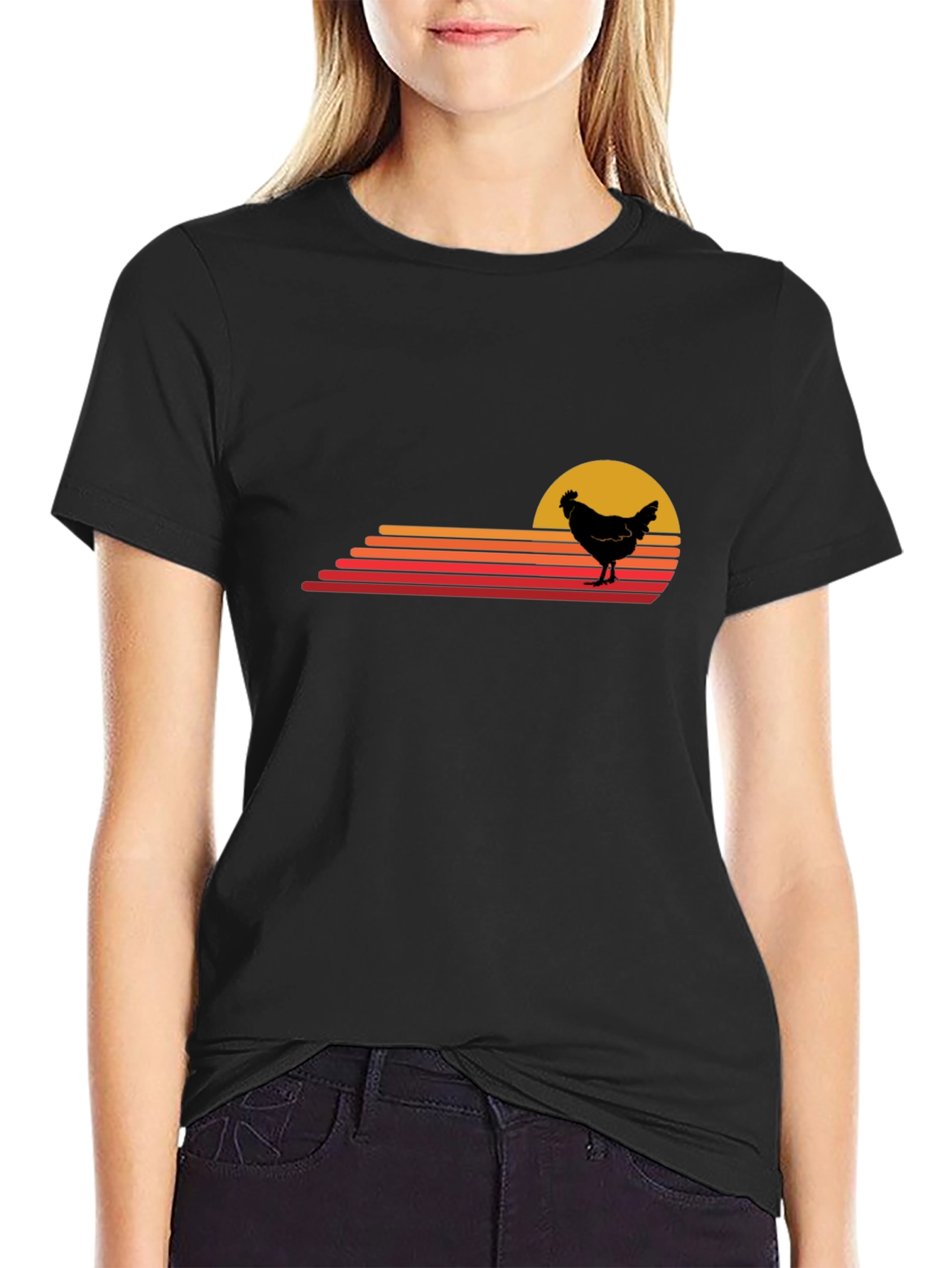 Retro Chicken Sunset T-Shirt - Black