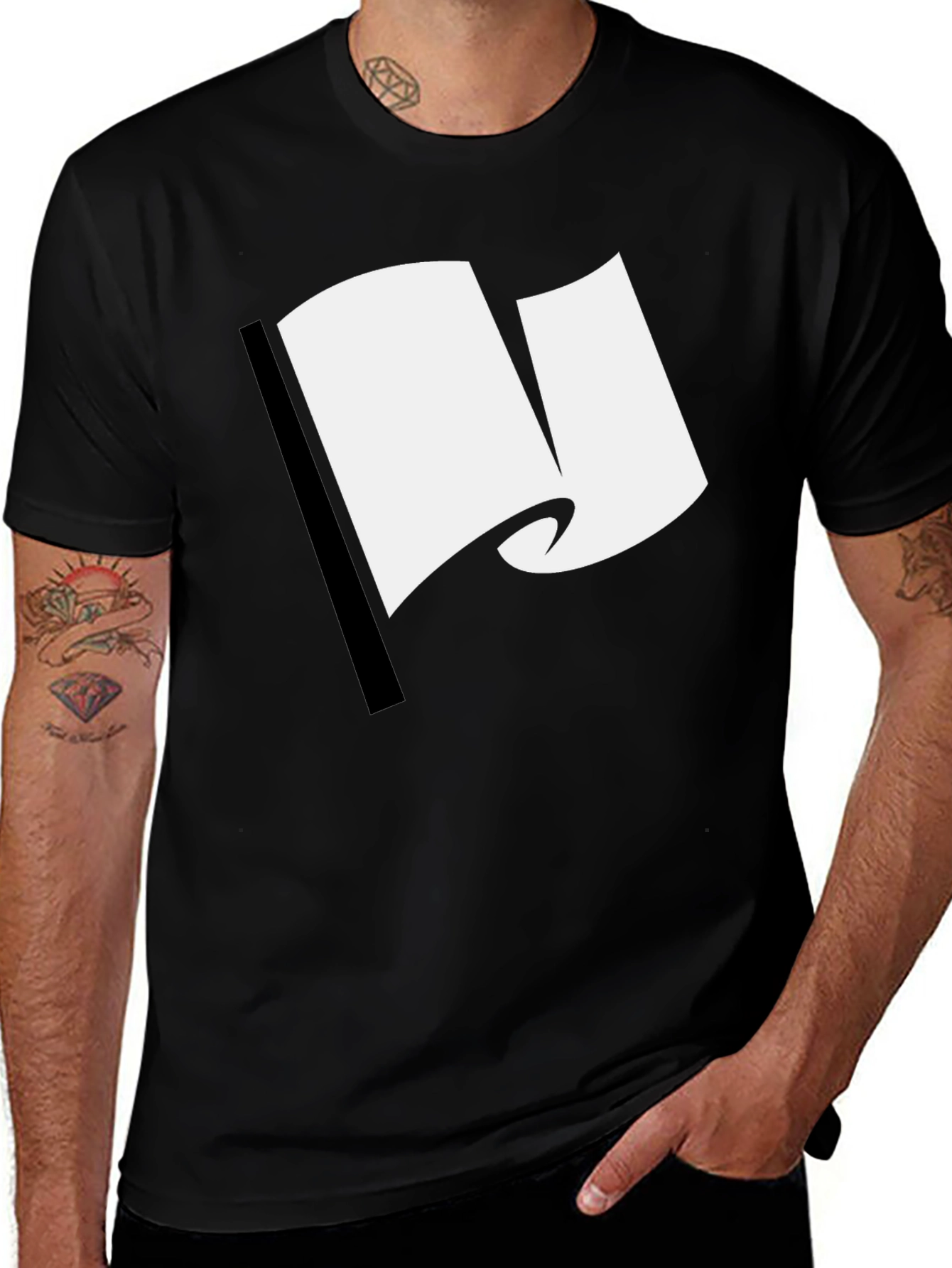Black T-Shirt with White Flag Graphic Design
