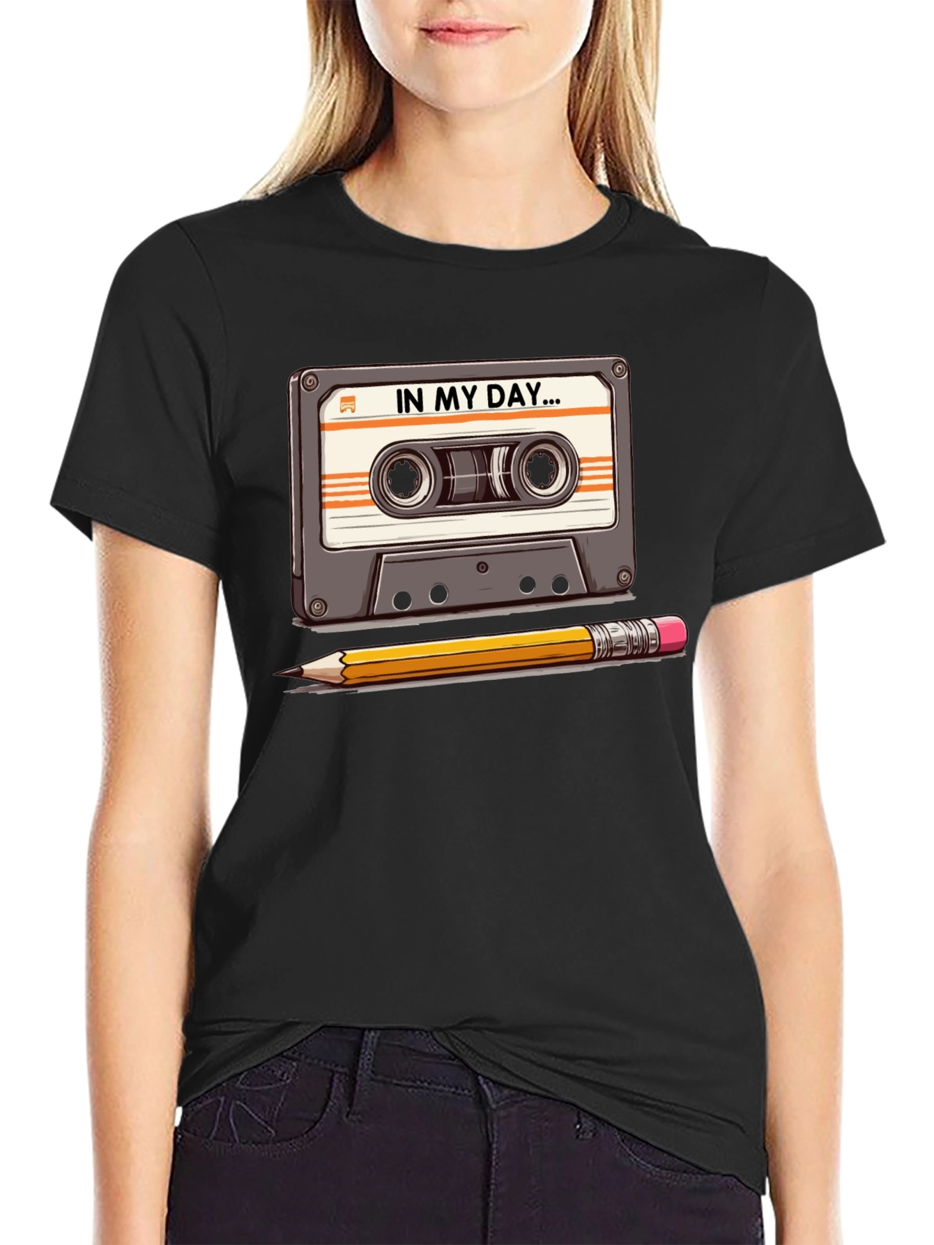 Retro Cassette Tape & Pencil T-Shirt - Old School Cool
