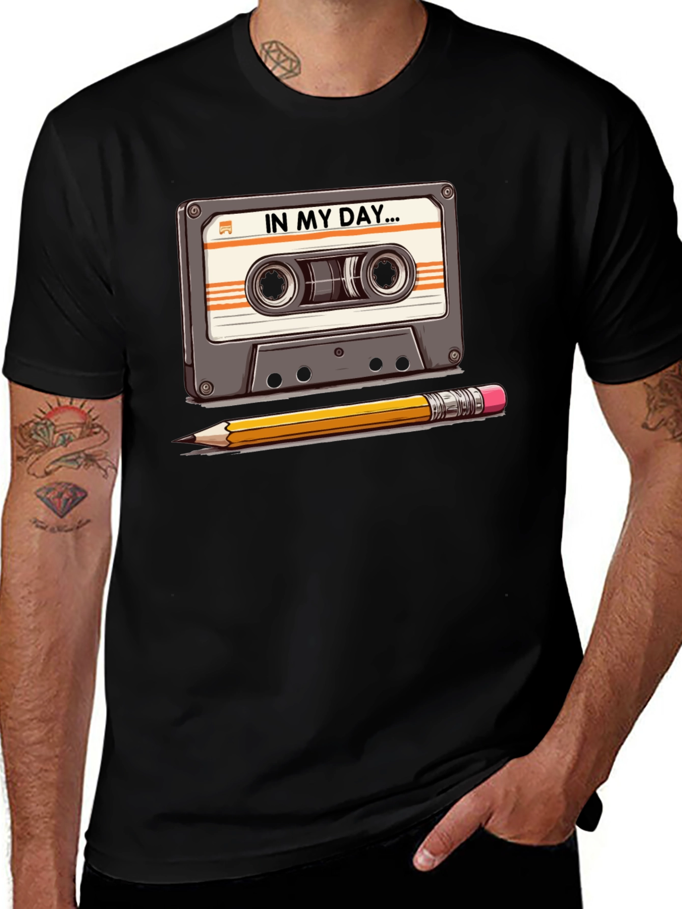 Retro Cassette Tape & Pencil T-Shirt - Old School Cool